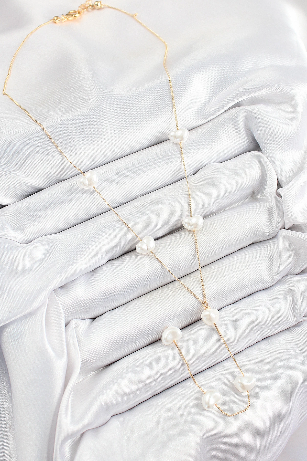 316L Çelik İncili Kalp Figürlü Y Model Gold Renk Kadın Kolye-1