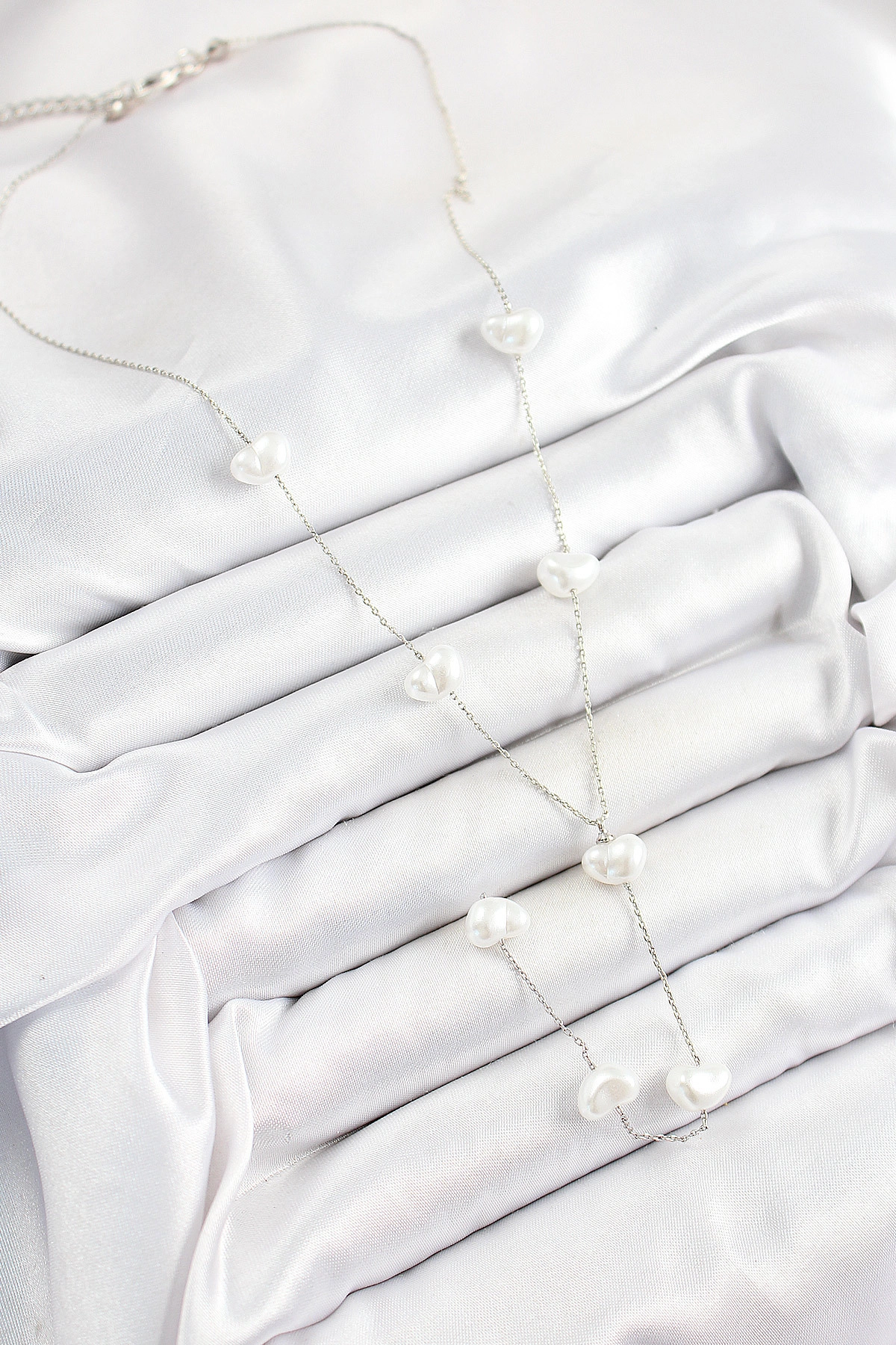 316L Çelik İncili Kalp Figürlü Y Model Gümüş Renk Kadın Kolye-1