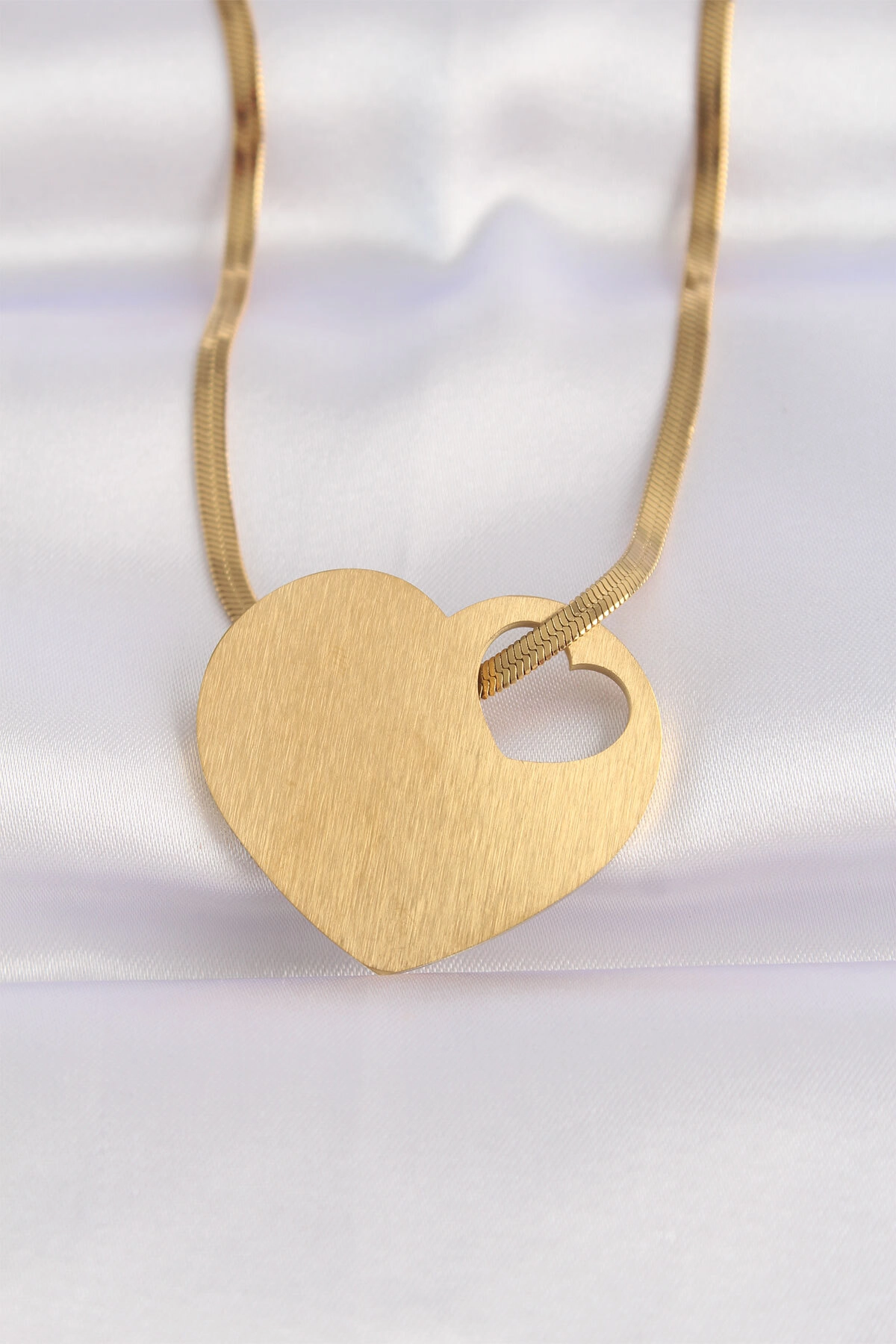316L Çelik İtalyan Zincir Altın Renk Düz Plaka Kalp Kolye-0