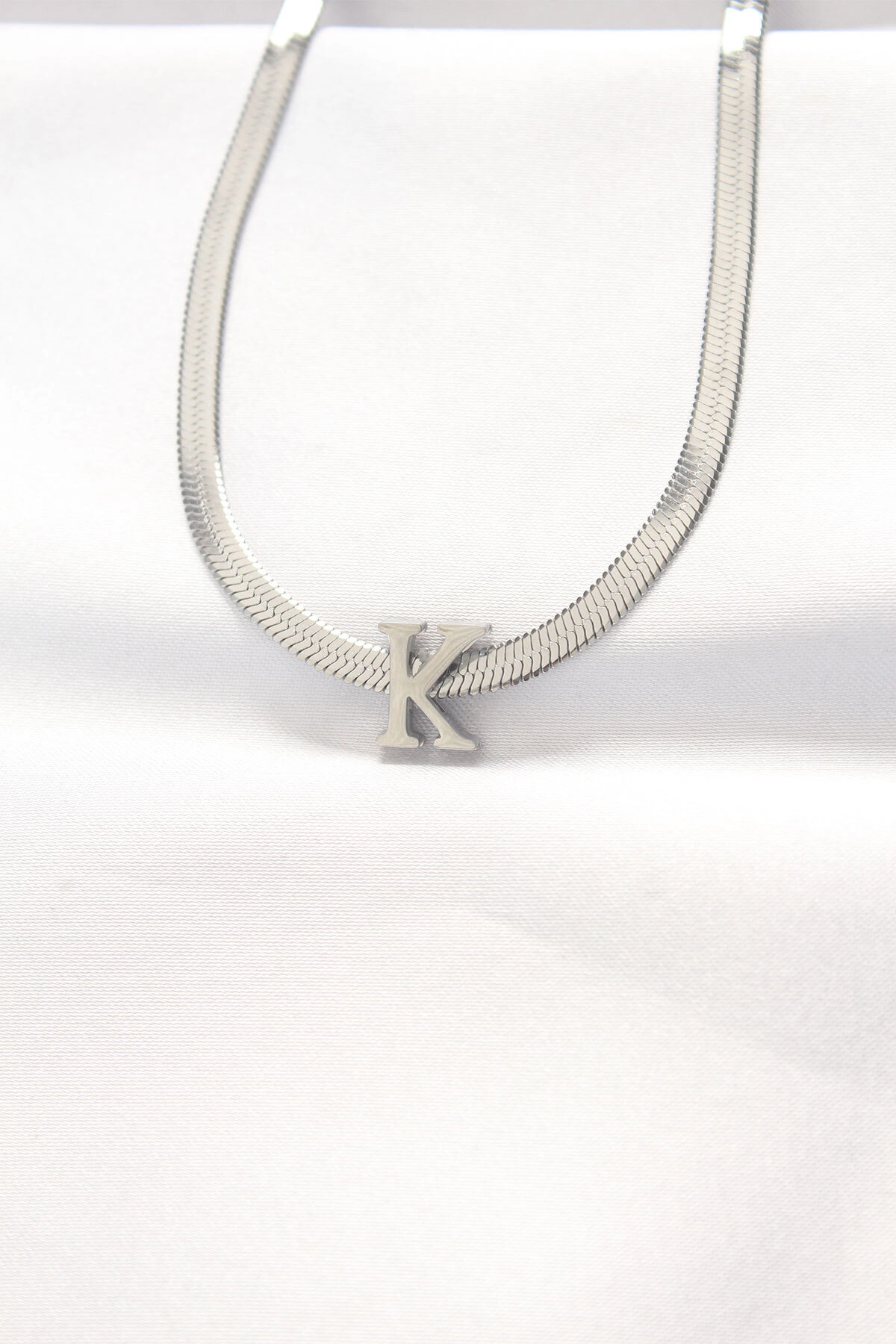 316L Çelik K Harfli Silver Renk İtalyan Zincirli Kolye-0