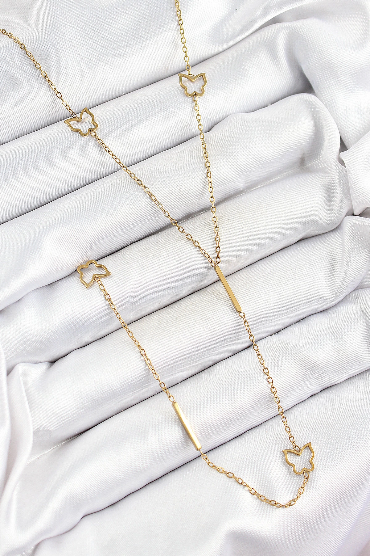 316L Çelik Kelebek Figürlü Y Model Gold Renk Kadın Kolye-0