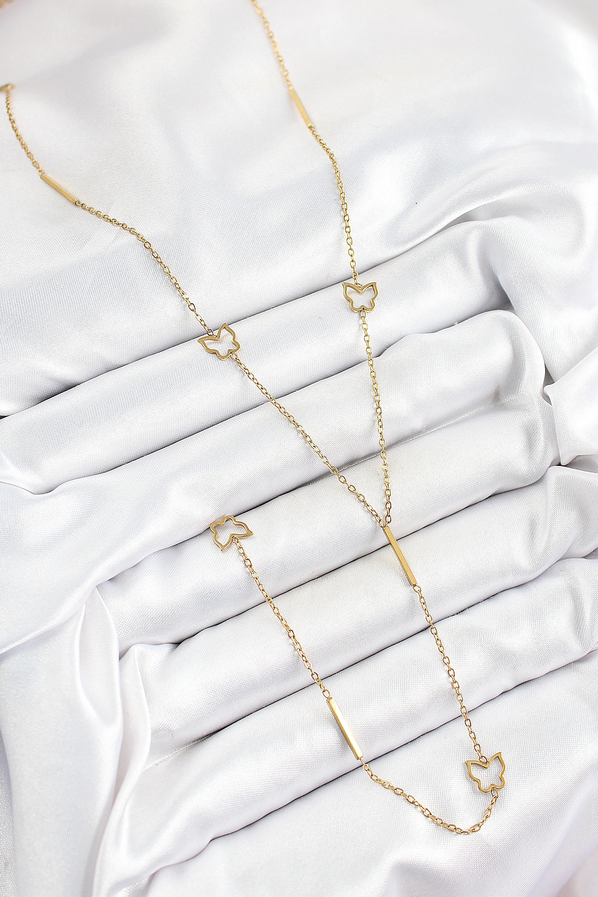 316L Çelik Kelebek Figürlü Y Model Gold Renk Kadın Kolye-1