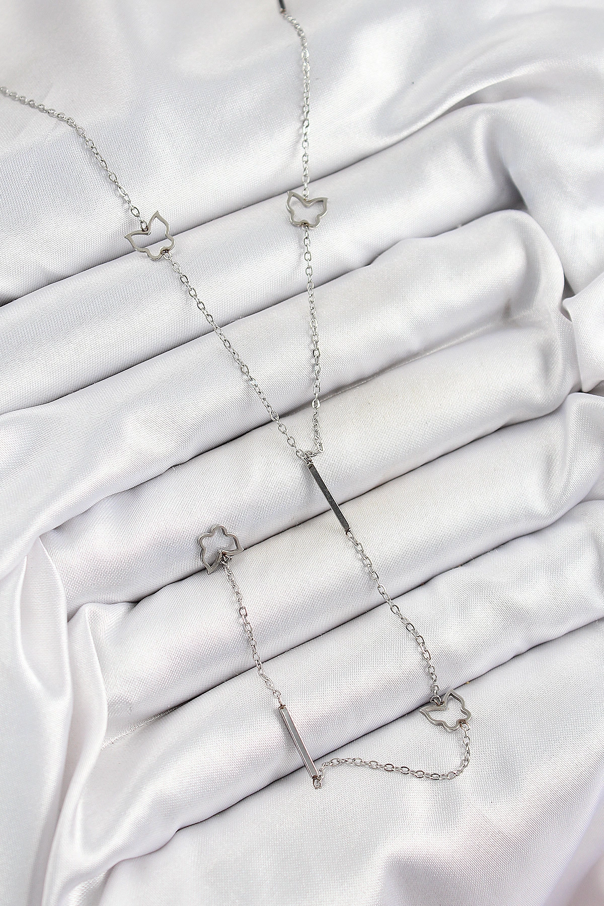 316L Çelik Kelebek Figürlü Y Model Gümüş Renk Kadın Kolye-0