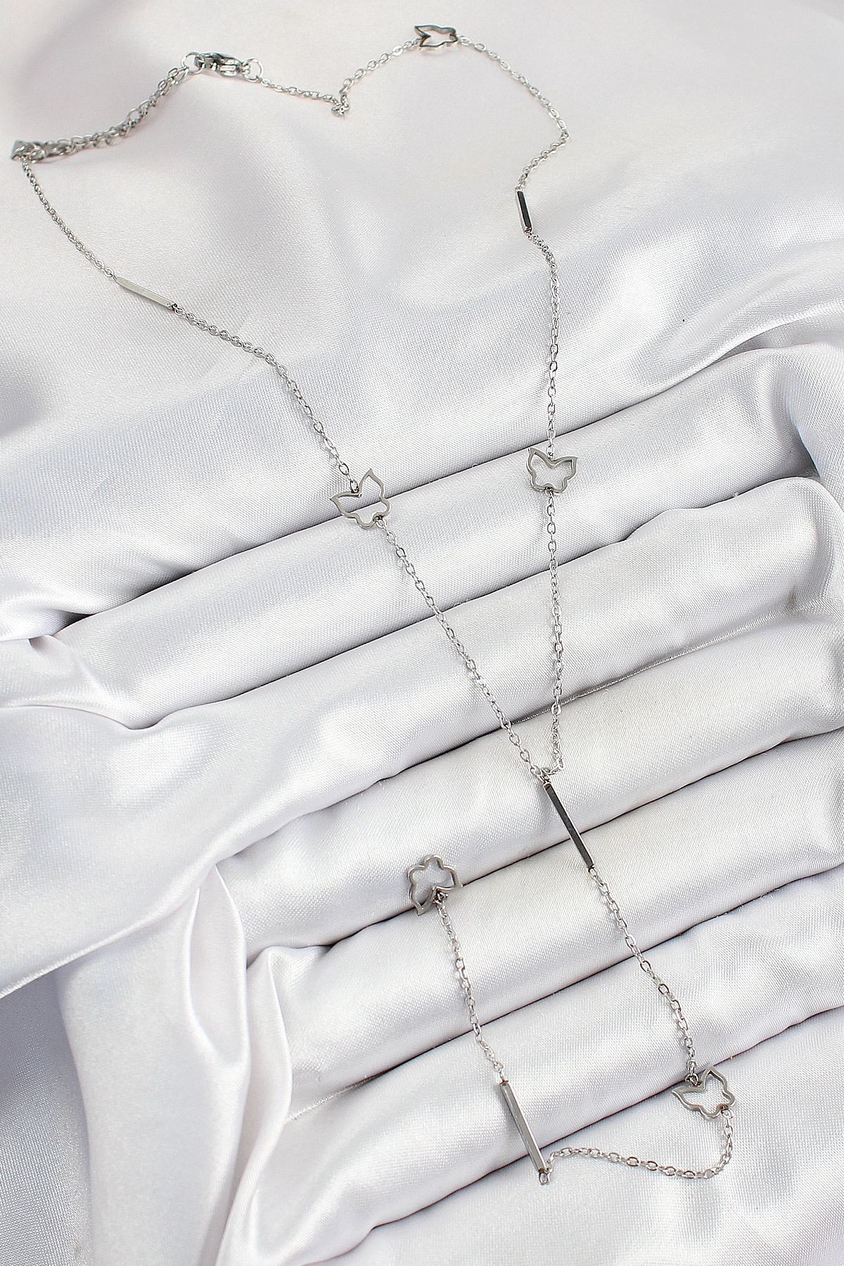 316L Çelik Kelebek Figürlü Y Model Gümüş Renk Kadın Kolye-1