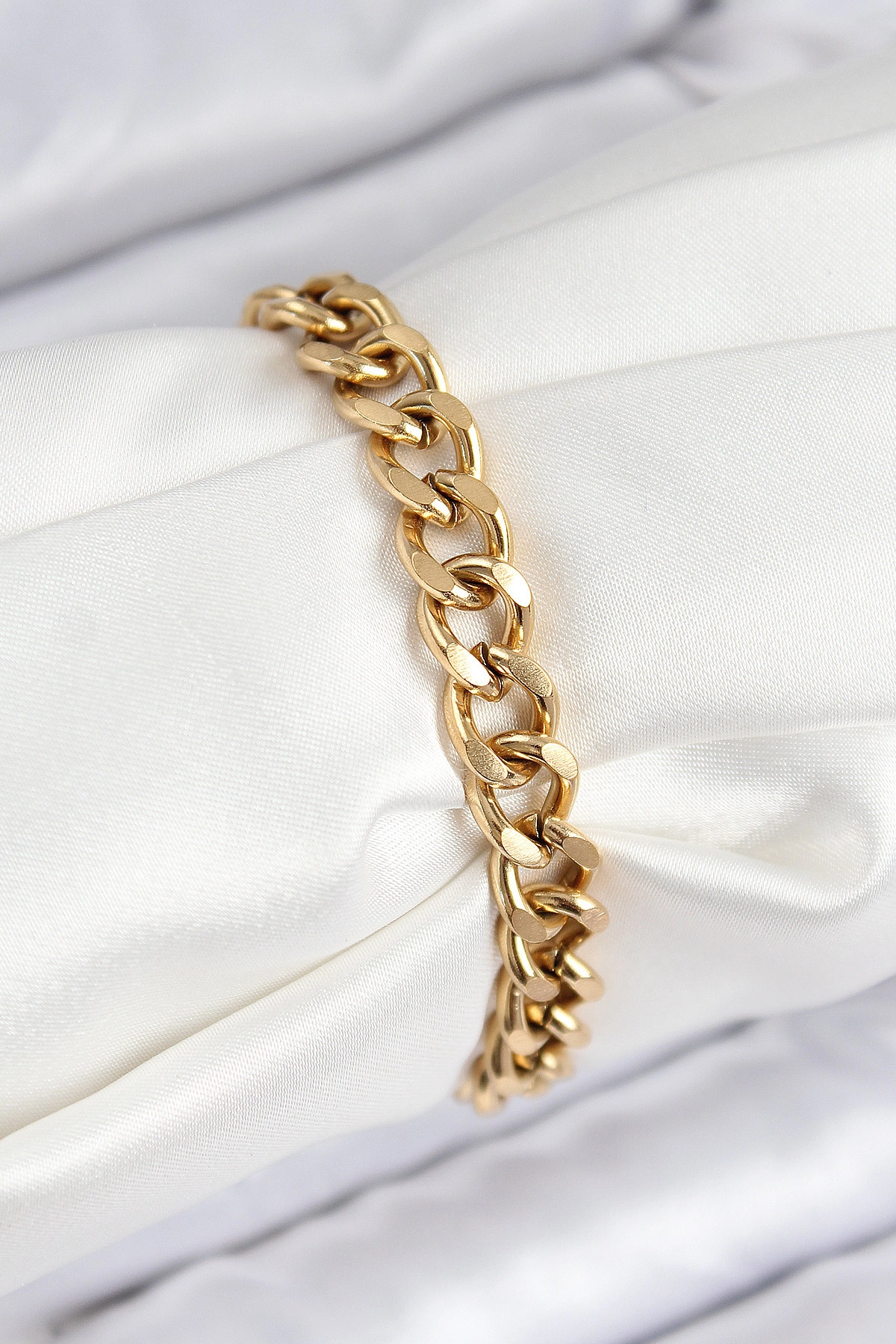 316L Çelik Klasik Kalın Zincir Model Gold Renk Kadın Bileklik-0