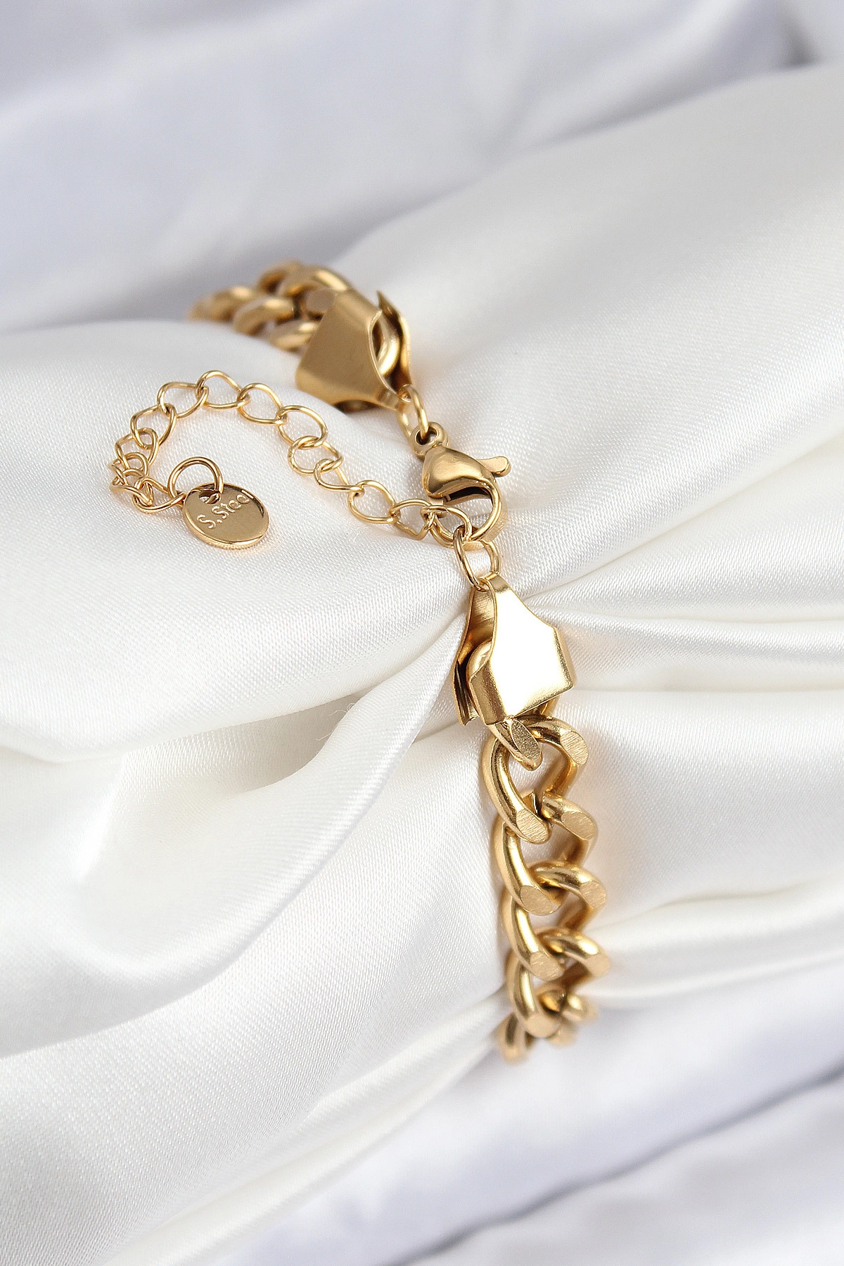 316L Çelik Klasik Kalın Zincir Model Gold Renk Kadın Bileklik-1