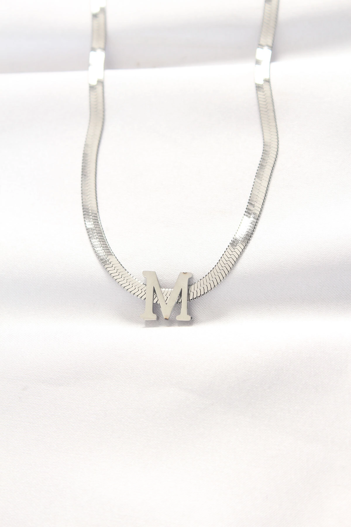 316L Çelik M Harfli Silver Renk İtalyan Zincirli Kolye-0