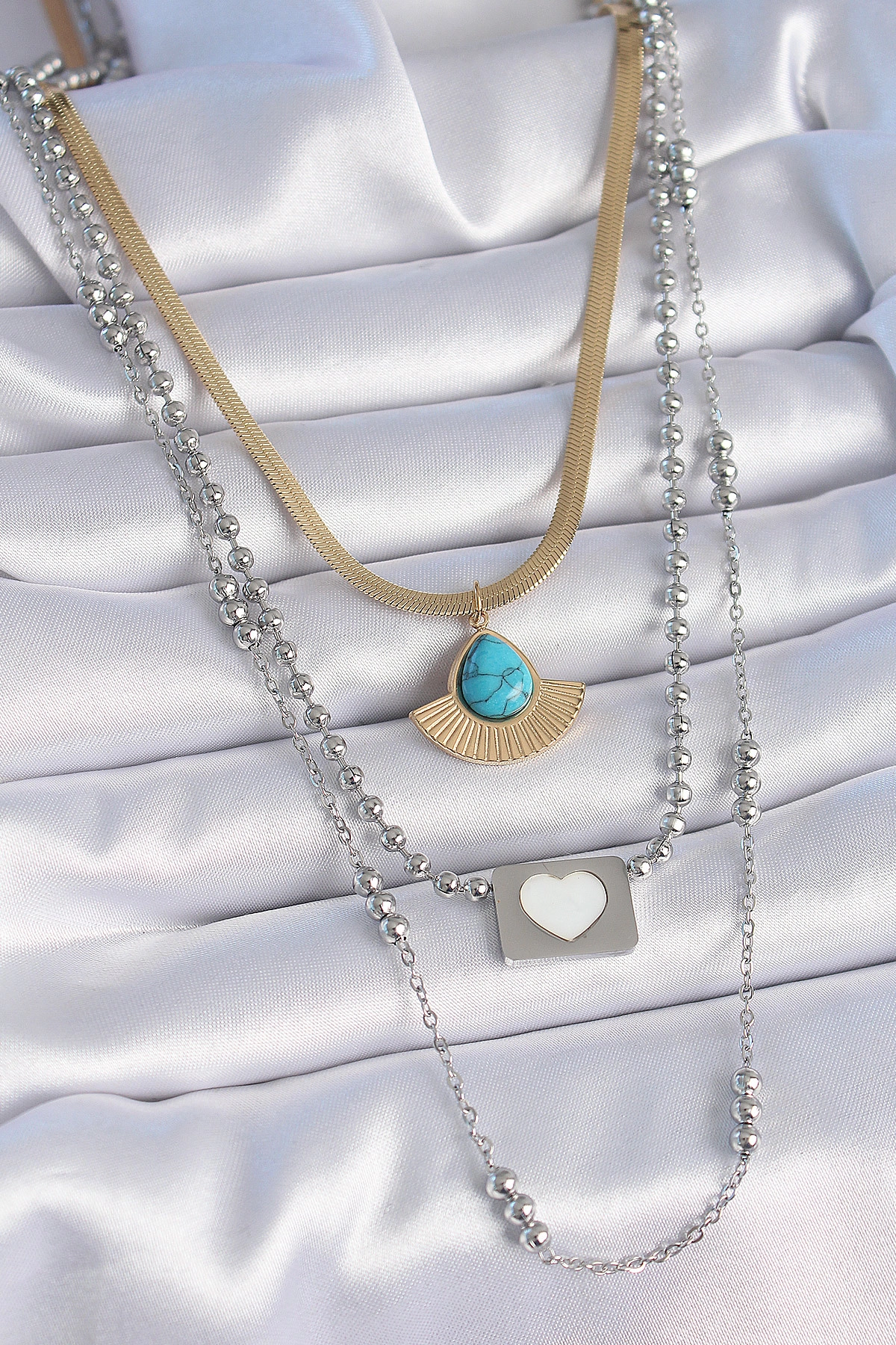 316L Çelik Mix Renk 3'lü Zincir Damla Madalyon Figür Uzun Kadın Kolye-0