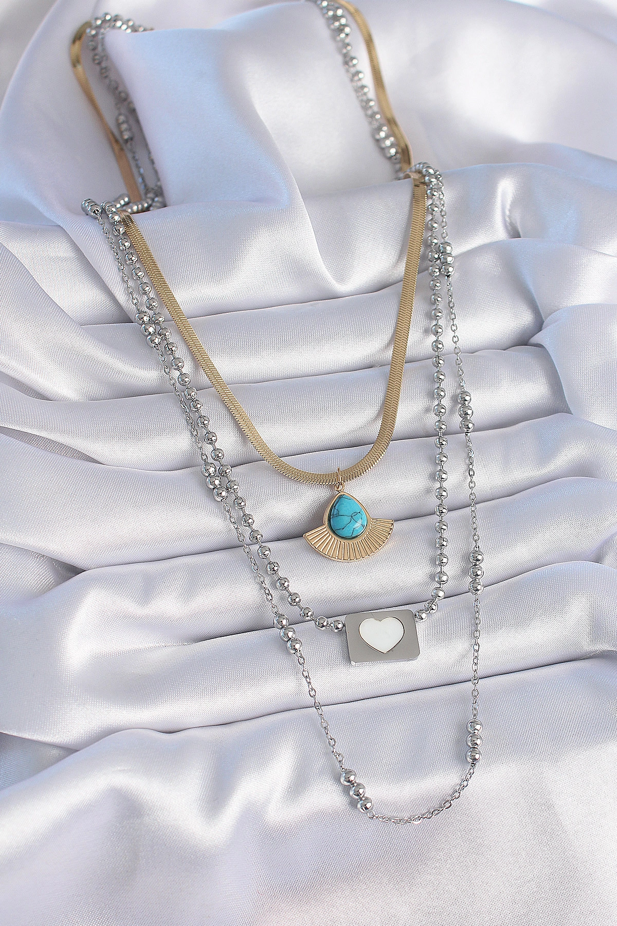 316L Çelik Mix Renk 3'lü Zincir Damla Madalyon Figür Uzun Kadın Kolye-1