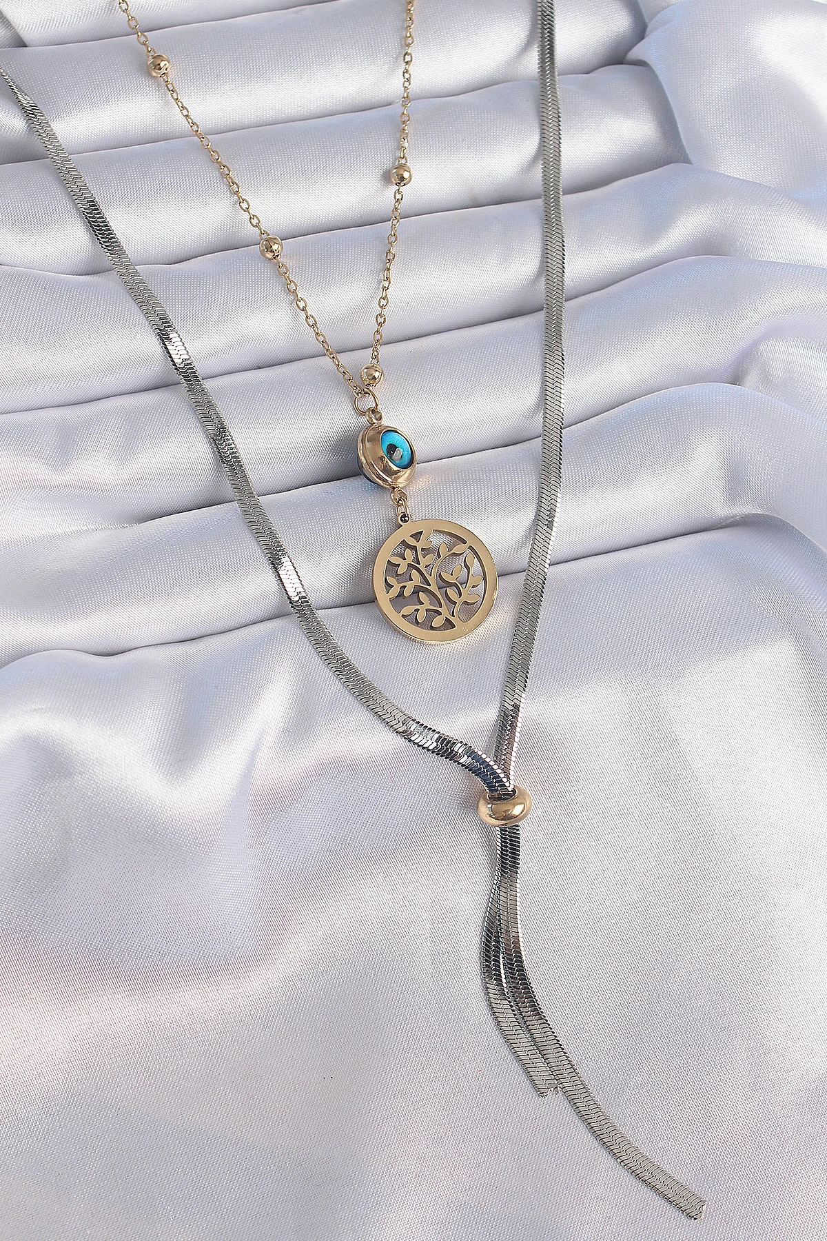 316L Çelik Mix Renk Filiz Figür Nazar Boncuk Detay Uzun Kadın Kolye-0