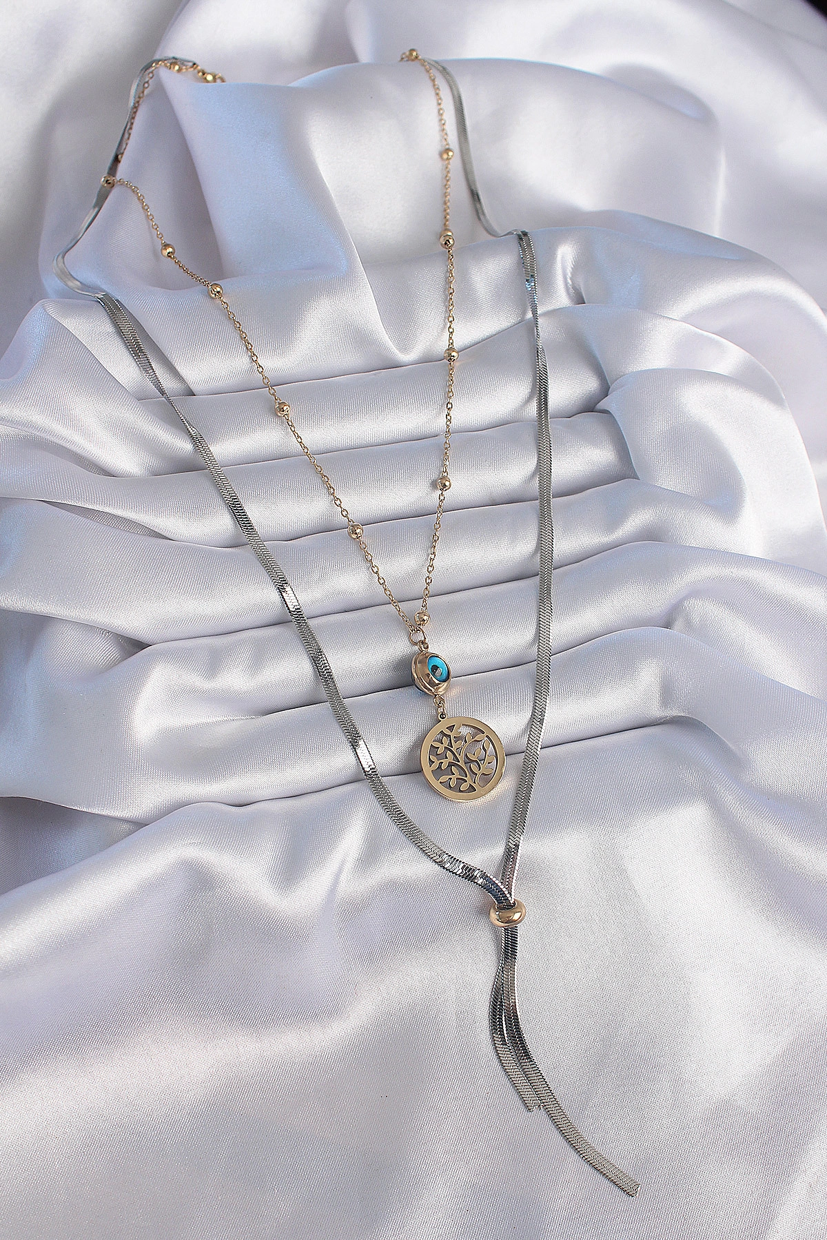 316L Çelik Mix Renk Filiz Figür Nazar Boncuk Detay Uzun Kadın Kolye-1