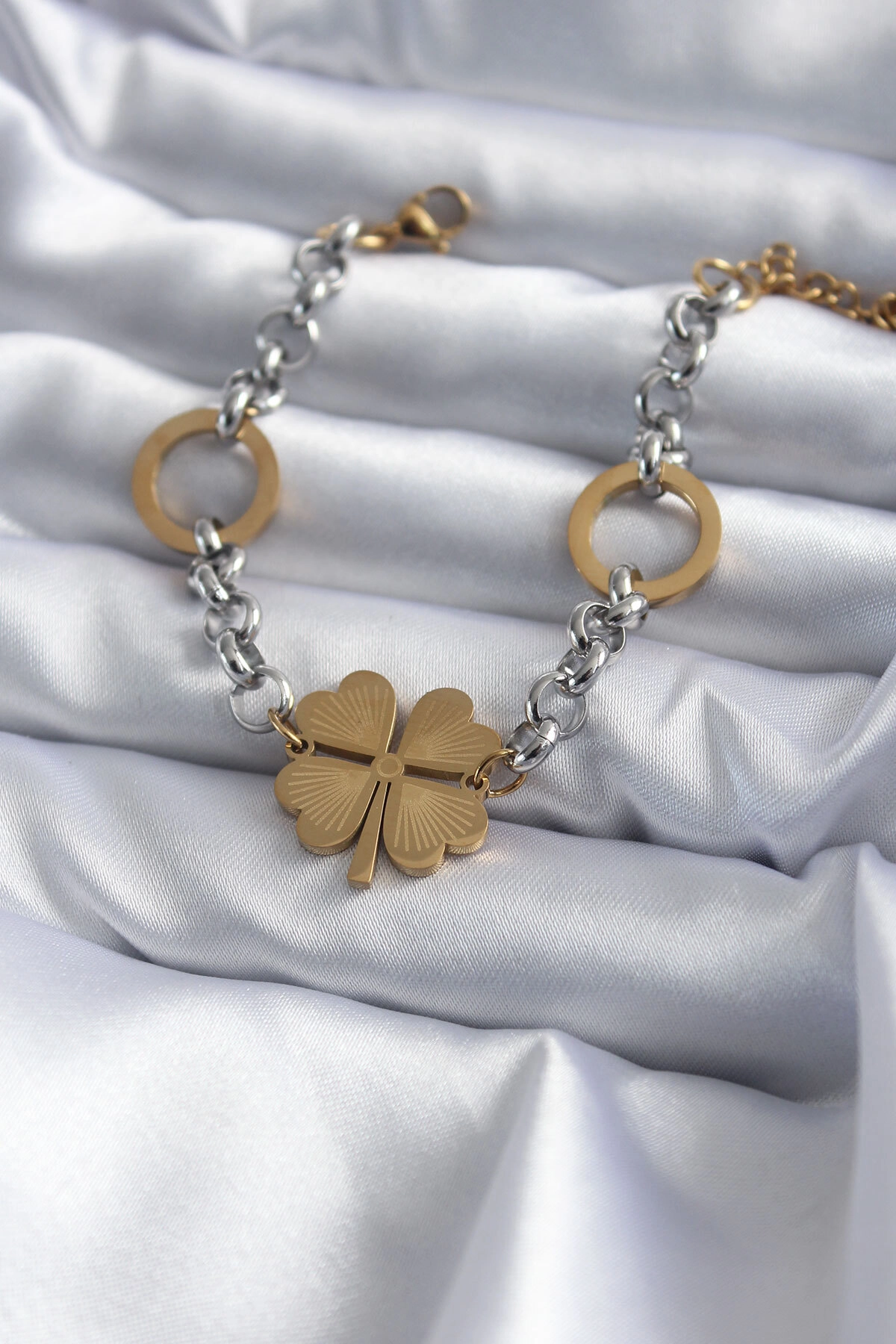 316L Çelik Mix Renk Zincir Model Yonca Figür Kadın Bileklik-0