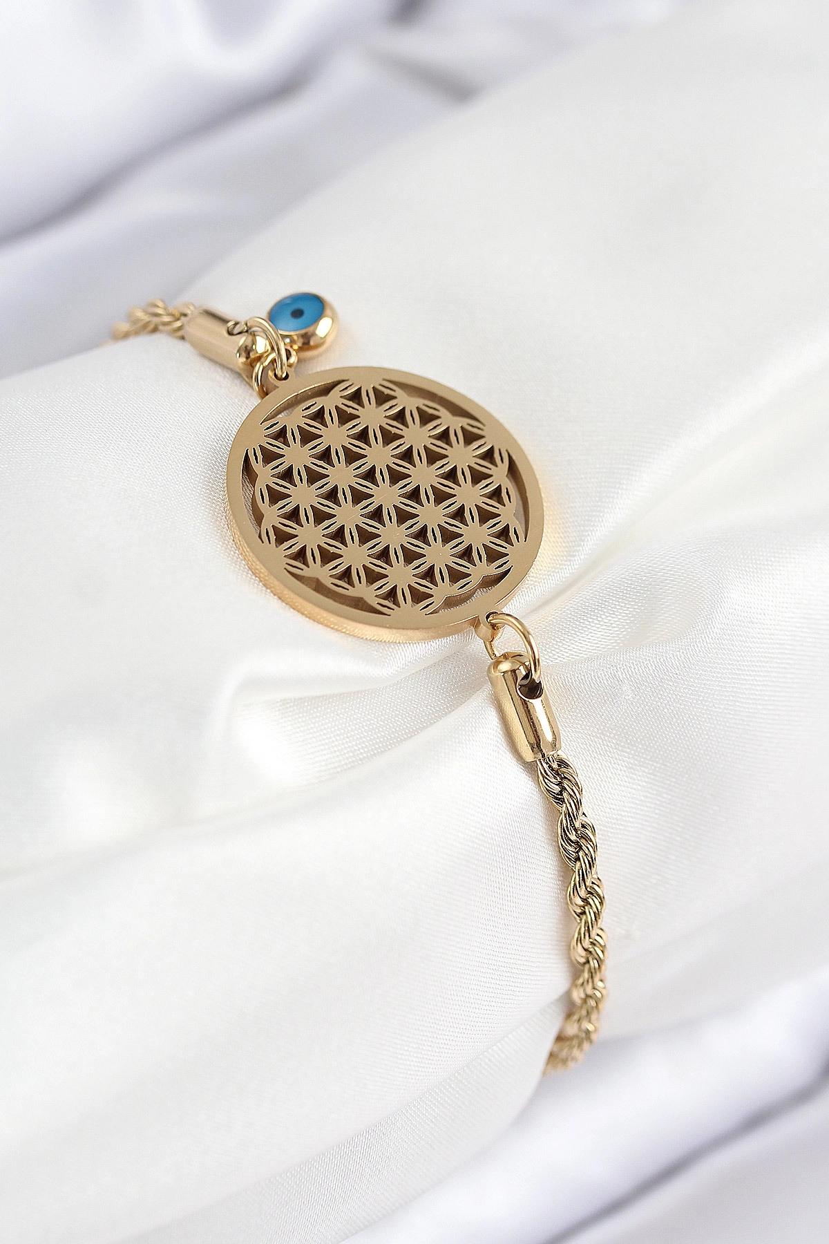 316L Çelik Nazar Boncuğu Detaylı Yaşam Çiçeği Model Gold Renk Kadın Bileklik-0