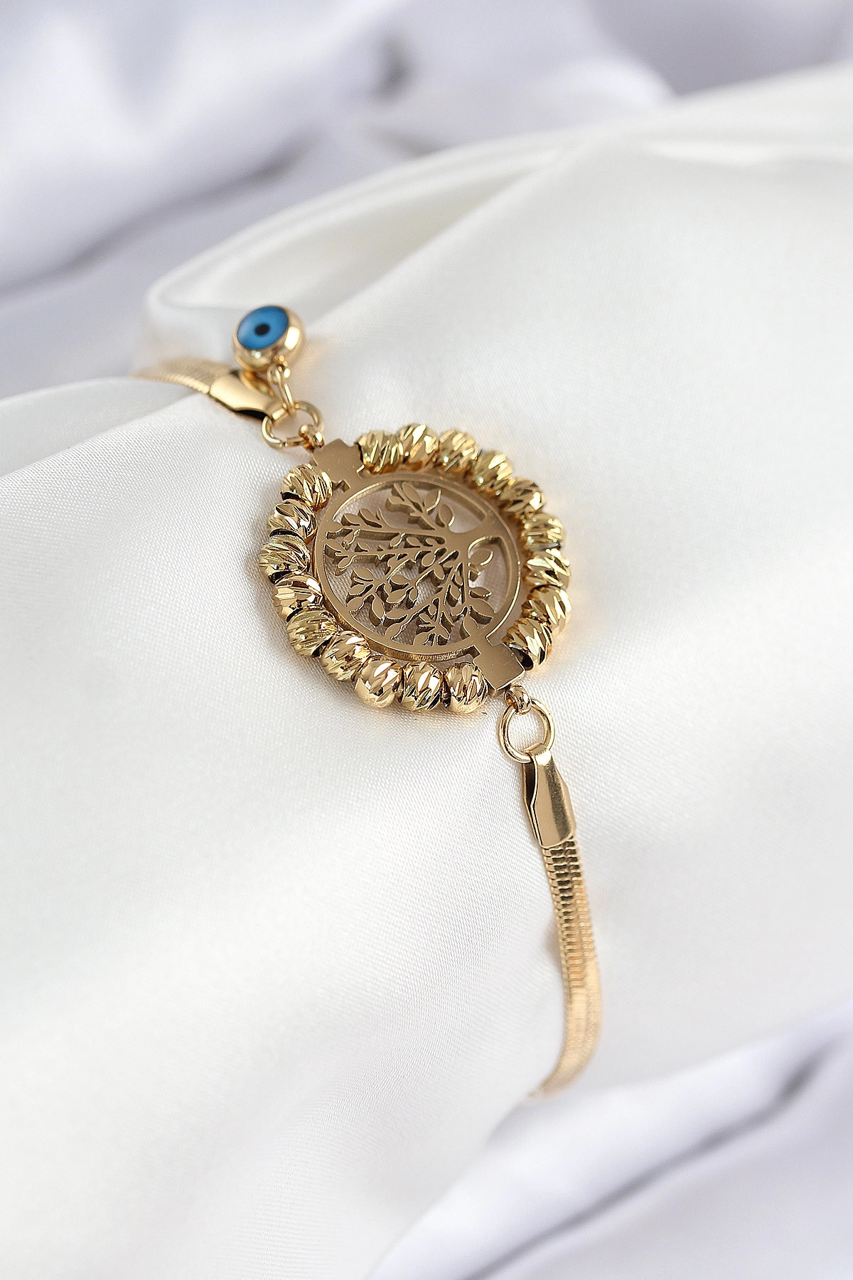 316L Çelik Nazar Boncuk Detaylı Hayat Ağacı Model İtalyan Zincir Gold Renk Kadın Bileklik-0