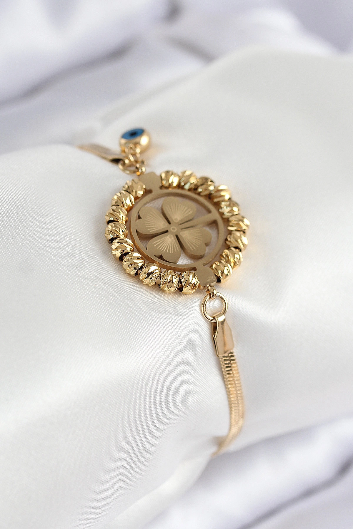 316L Çelik Nazar Boncuk Detaylı Yonca Model İtalyan Zincir Gold Renk Kadın Bileklik-0