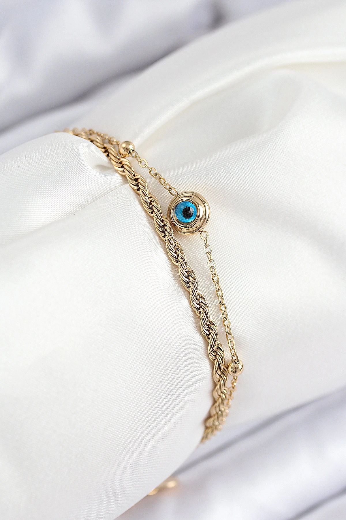316L Çelik Nazar Boncuk Model Burgu Zincir Gold Renk Kadın Bileklik-0