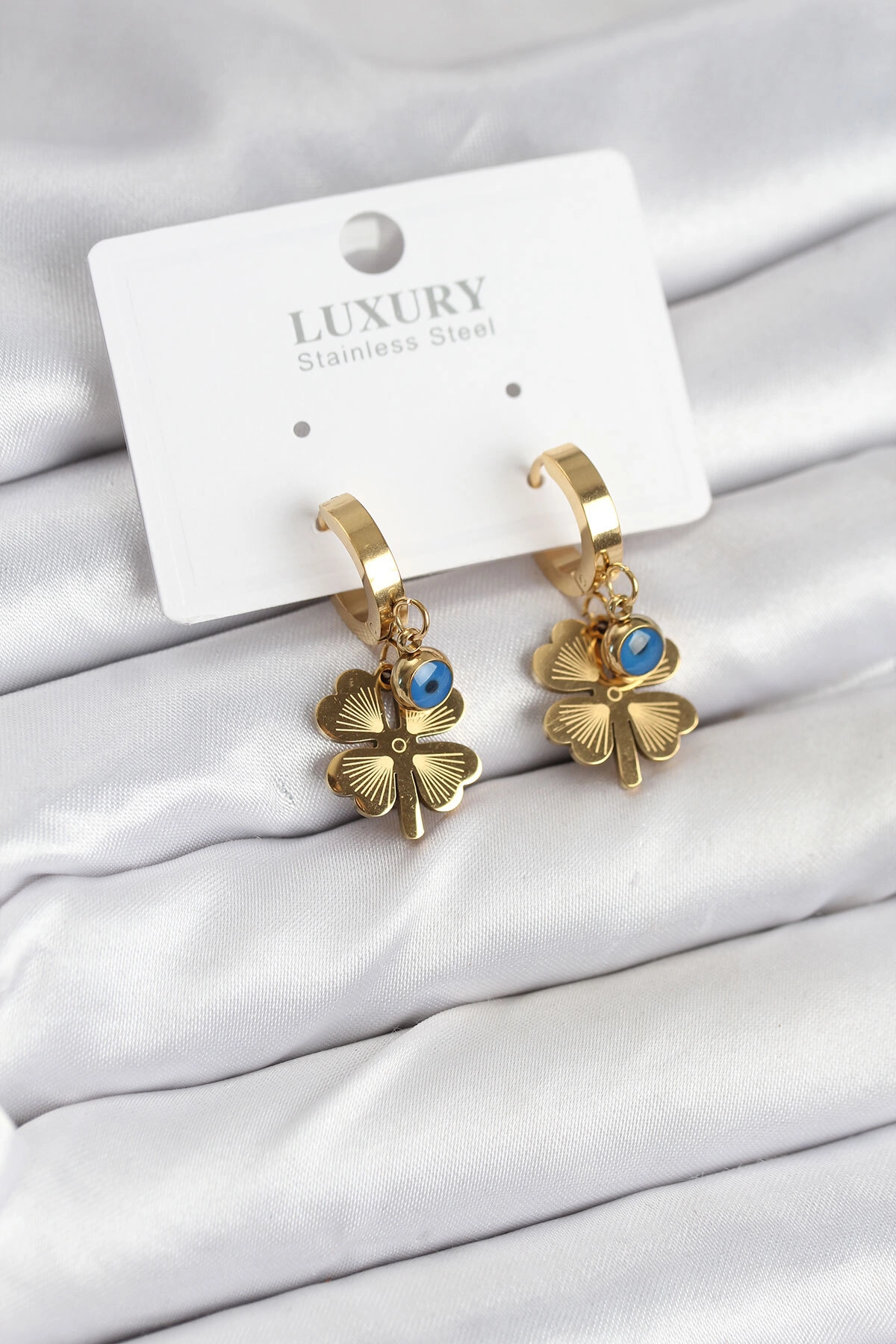 316L Çelik Nazarlı Yonca Model Kadın Küpe-0