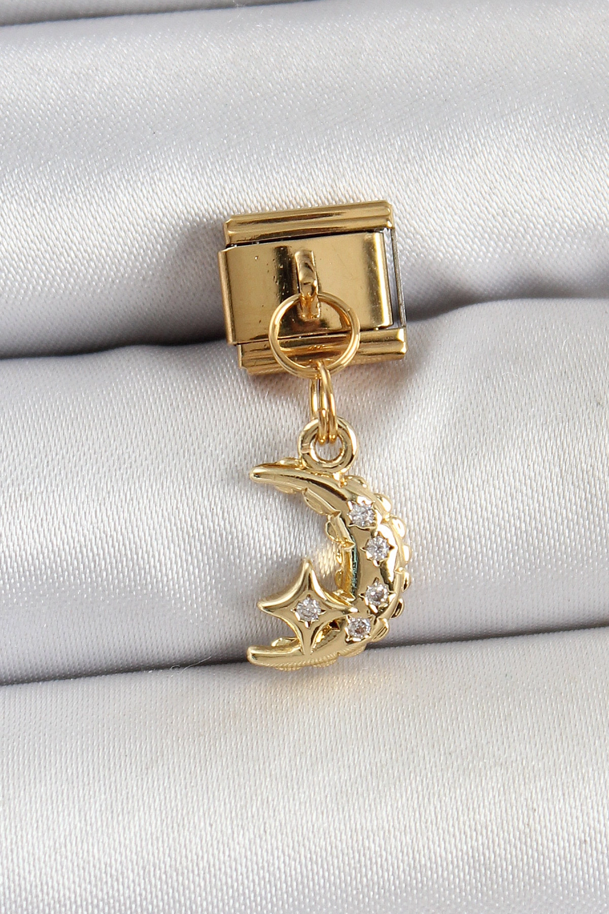 316L Çelik Sallantılı Zirkon Taşlı Ay Model Gold Renk Nomination Charm-0