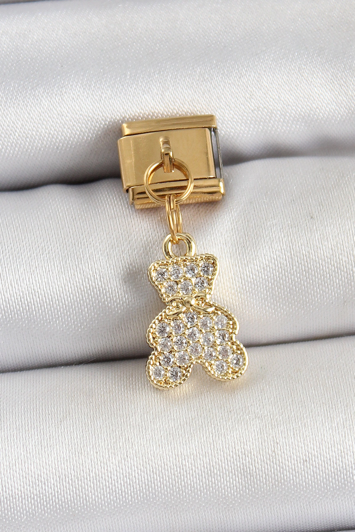 316L Çelik Sallantılı Zirkon Taşlı Ayıcık Model Gold Renk Nomination Charm-0