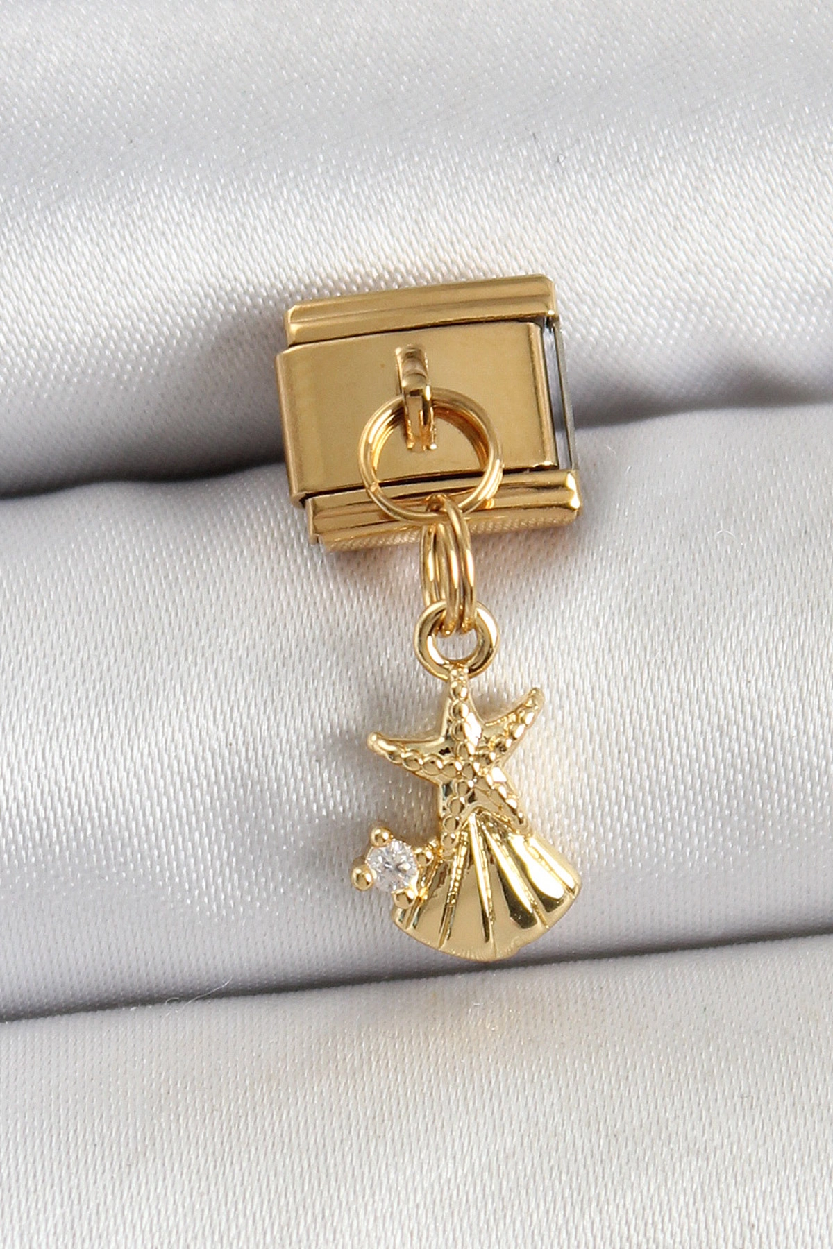 316L Çelik Sallantılı Zirkon Taşlı Deniz Yıldızı Ve İstiridye Model Gold Renk Nomination Charm-0