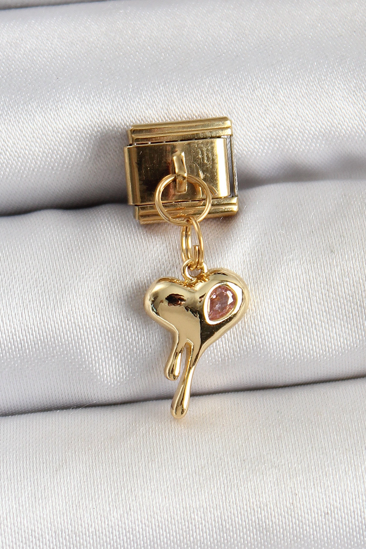 316L Çelik Sallantılı Zirkon Taşlı Eriyen Kalp Model Gold Renk Nomination Charm-0