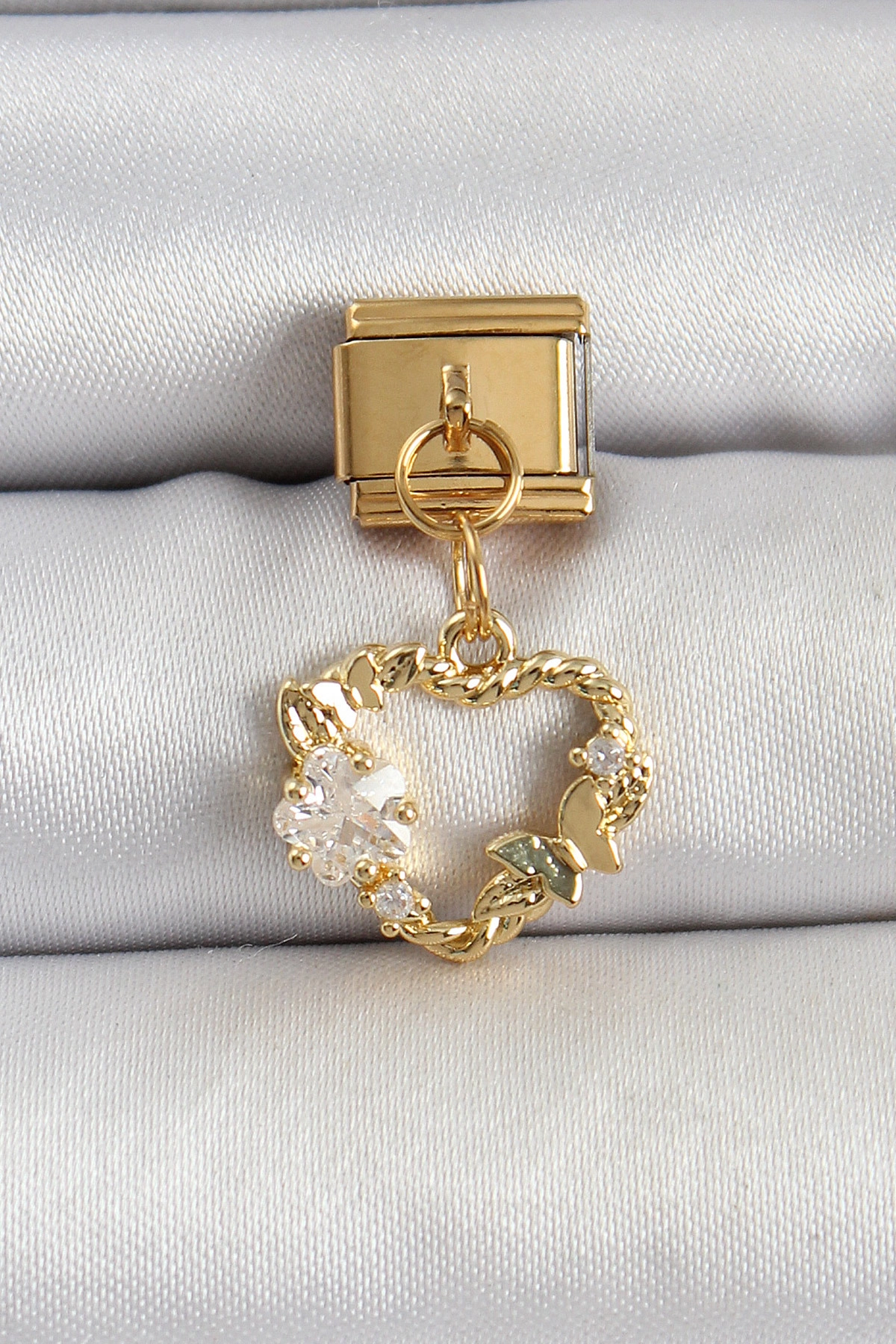 316L Çelik Sallantılı Zirkon Taşlı Kalp Model Gold Renk Nomination Charm-0