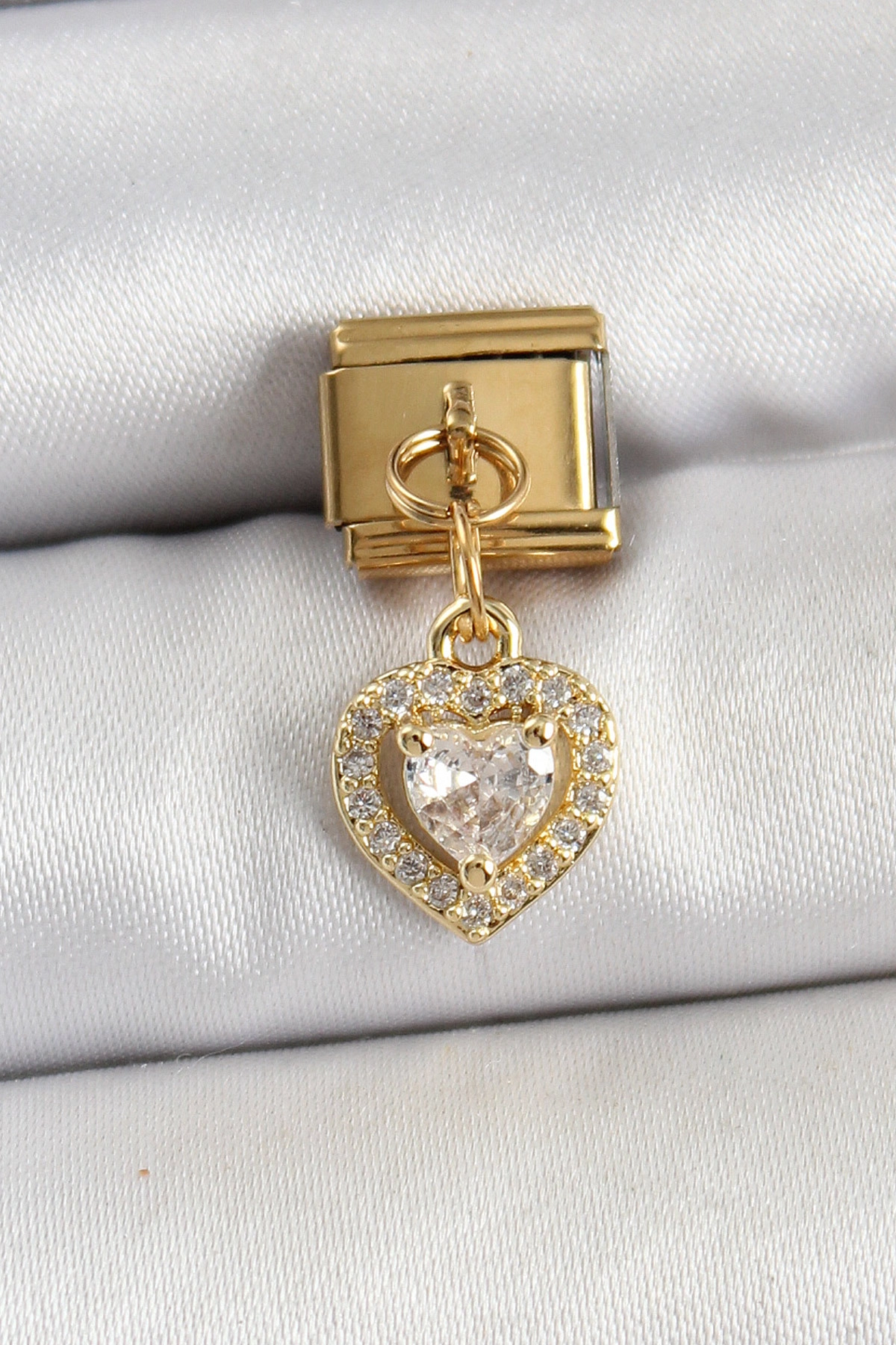316L Çelik Sallantılı Zirkon Taşlı Kalp Model Gold Renk Nomination Charm-0