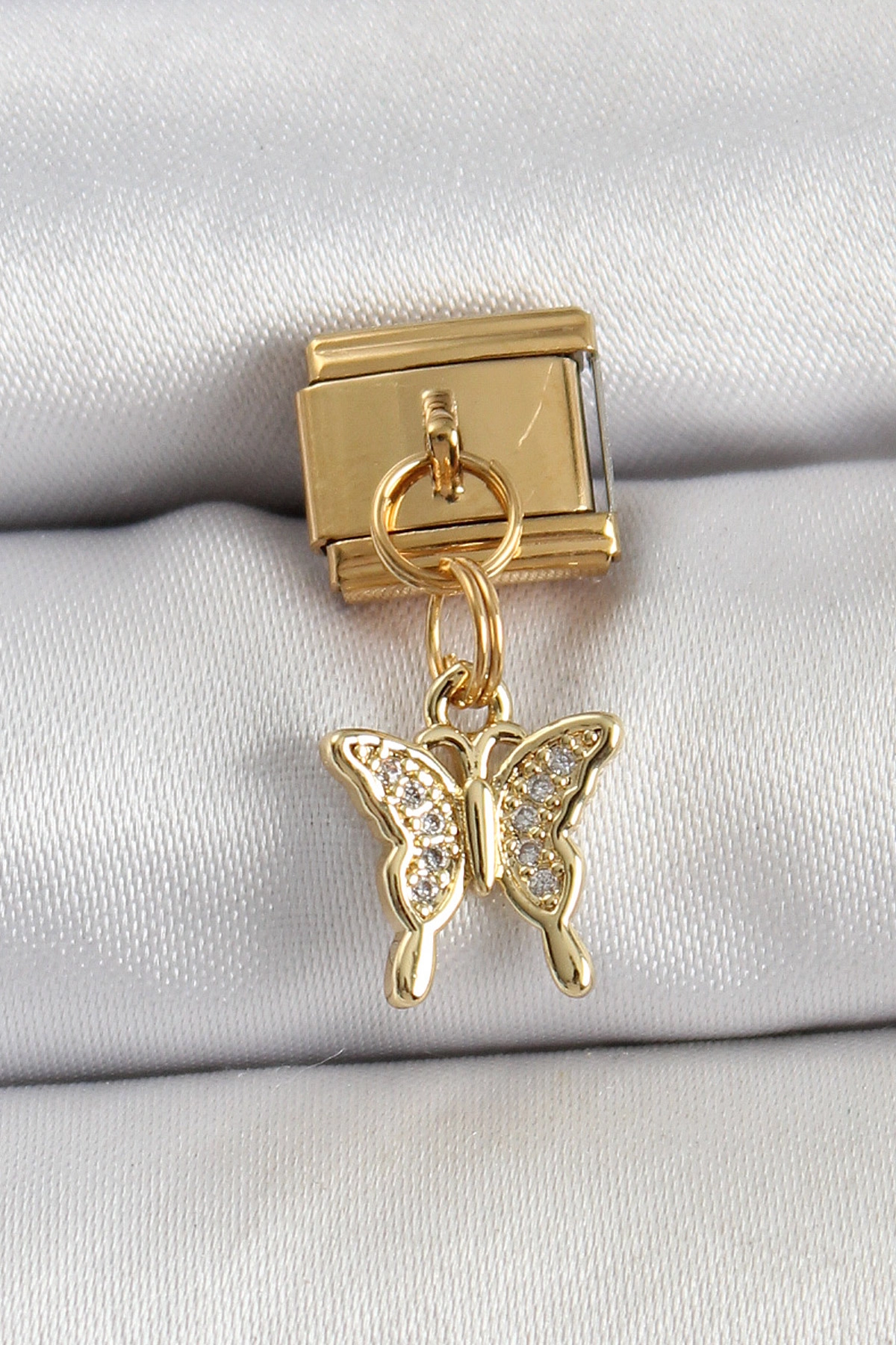 316L Çelik Sallantılı Zirkon Taşlı Kelebek Model Gold Renk Nomination Charm-0