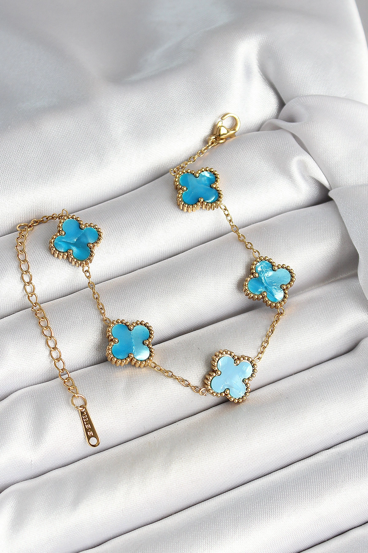 316L Çelik Sedefli Gökyüzü Mavisi Gold Renk Yonca Kadın Bileklik-0