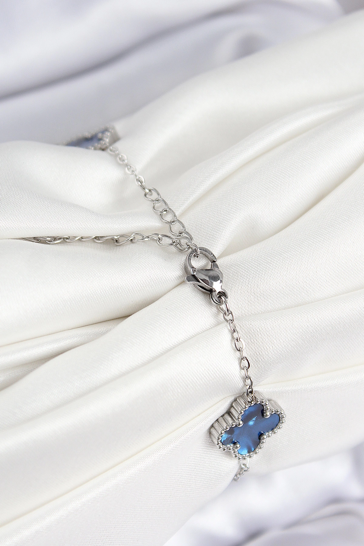 316L Çelik Sedefli Lacivert Gümüş Renk Yonca Kadın Bileklik-1