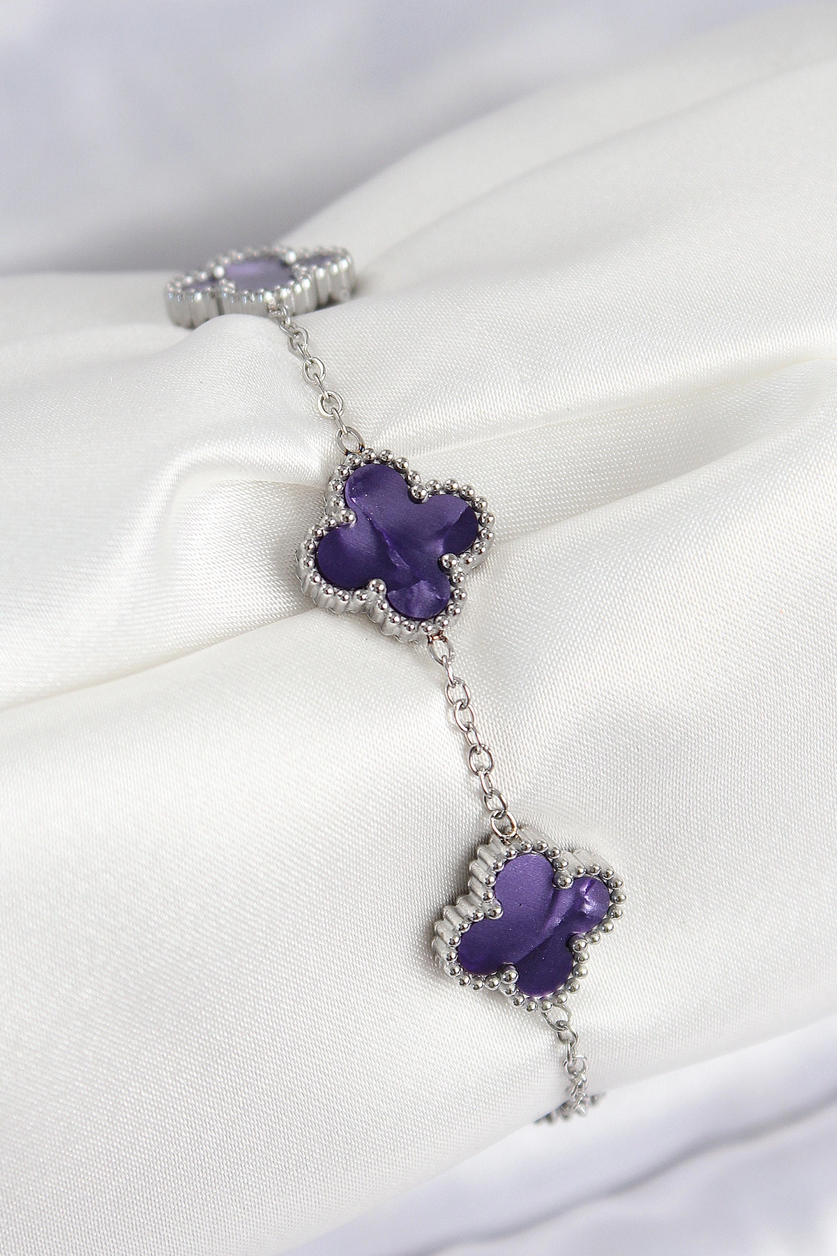 316L Çelik Sedefli Mor Gümüş Renk Yonca Kadın Bileklik-0