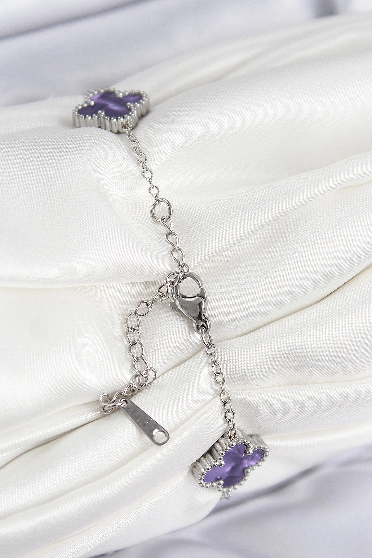 316L Çelik Sedefli Mor Gümüş Renk Yonca Kadın Bileklik-1