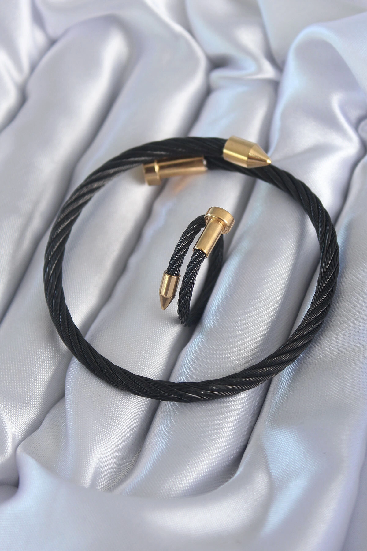 316L Çelik Siyah Renk Gold Detay Sarmal Model Erkek Bileklik Yüzük Kombini-0