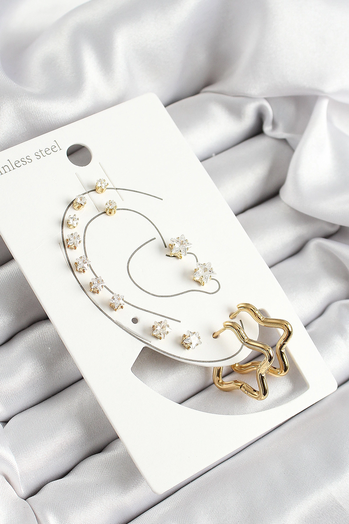 316L Çelik Yıldız Figürlü Ve Zirkon Taşlı Gold Renk 7'li Çift Kadın Küpe Set-0