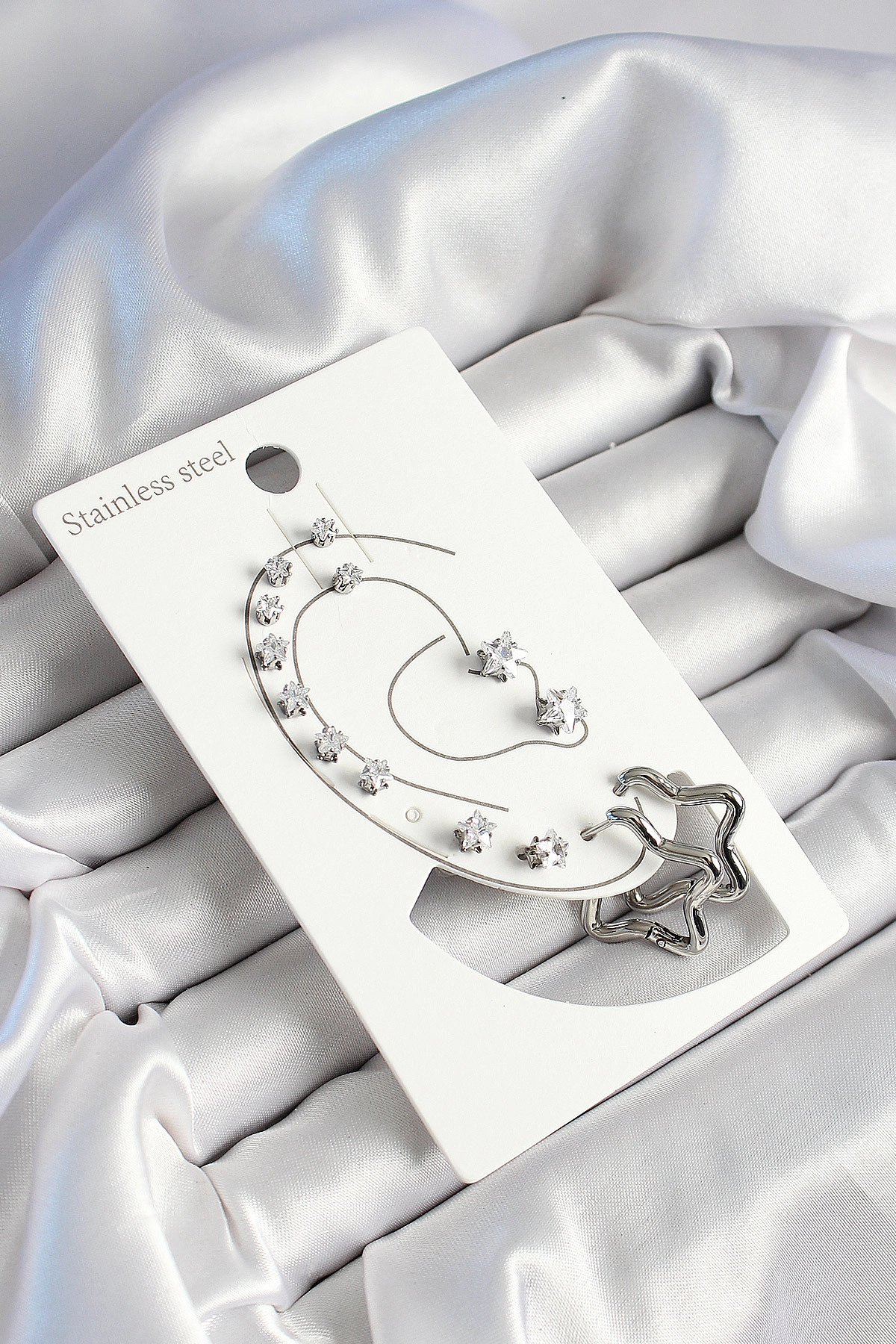 316L Çelik Yıldız Figürlü Ve Zirkon Taşlı Gümüş Renk 7'li Çift Kadın Küpe Set-0