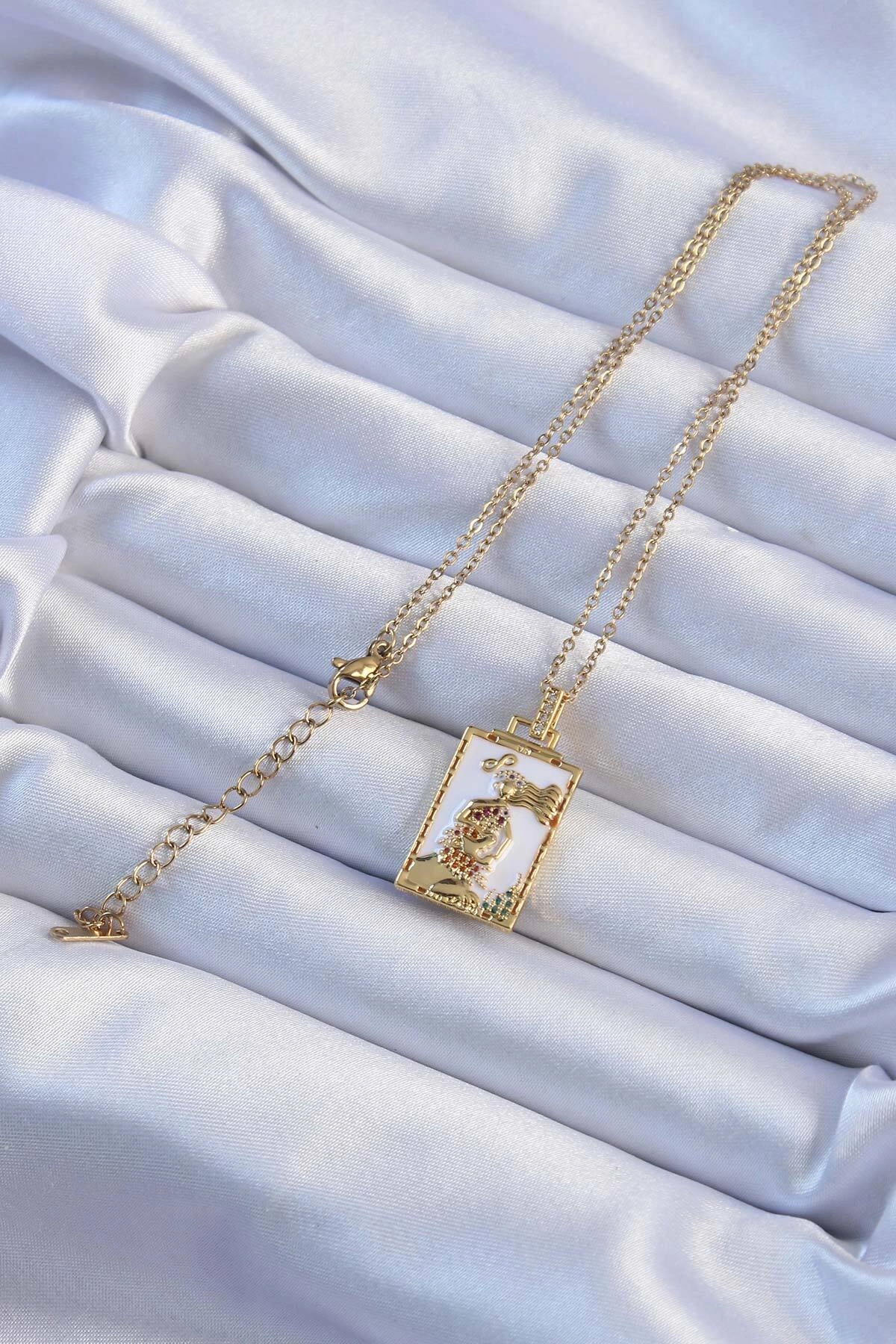 316L Çelik Zincir Altın Renk Beyaz Mineli Tarot Kolye-1