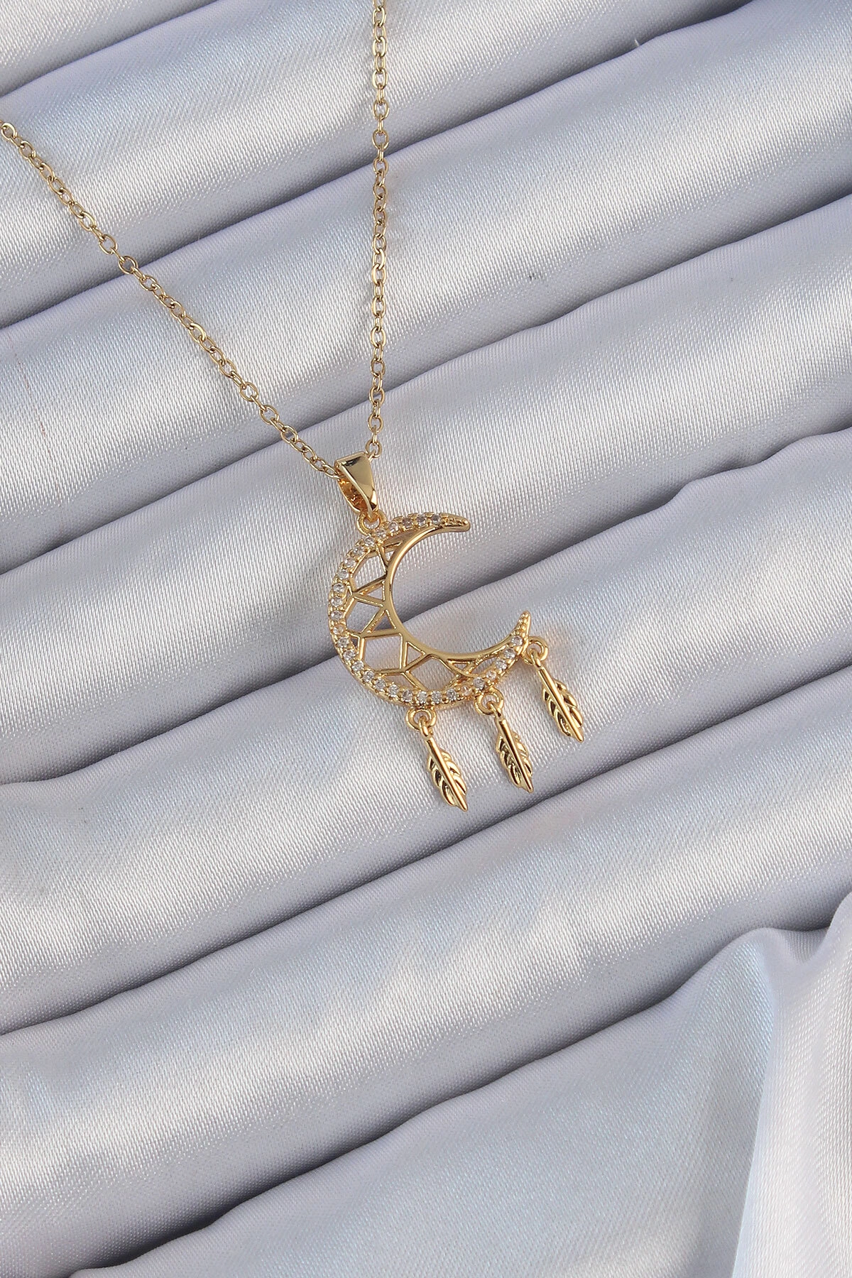 316L Çelik Zincir Altın Renk İşlemeli Zirkon Taşlı Ay Kolye-0