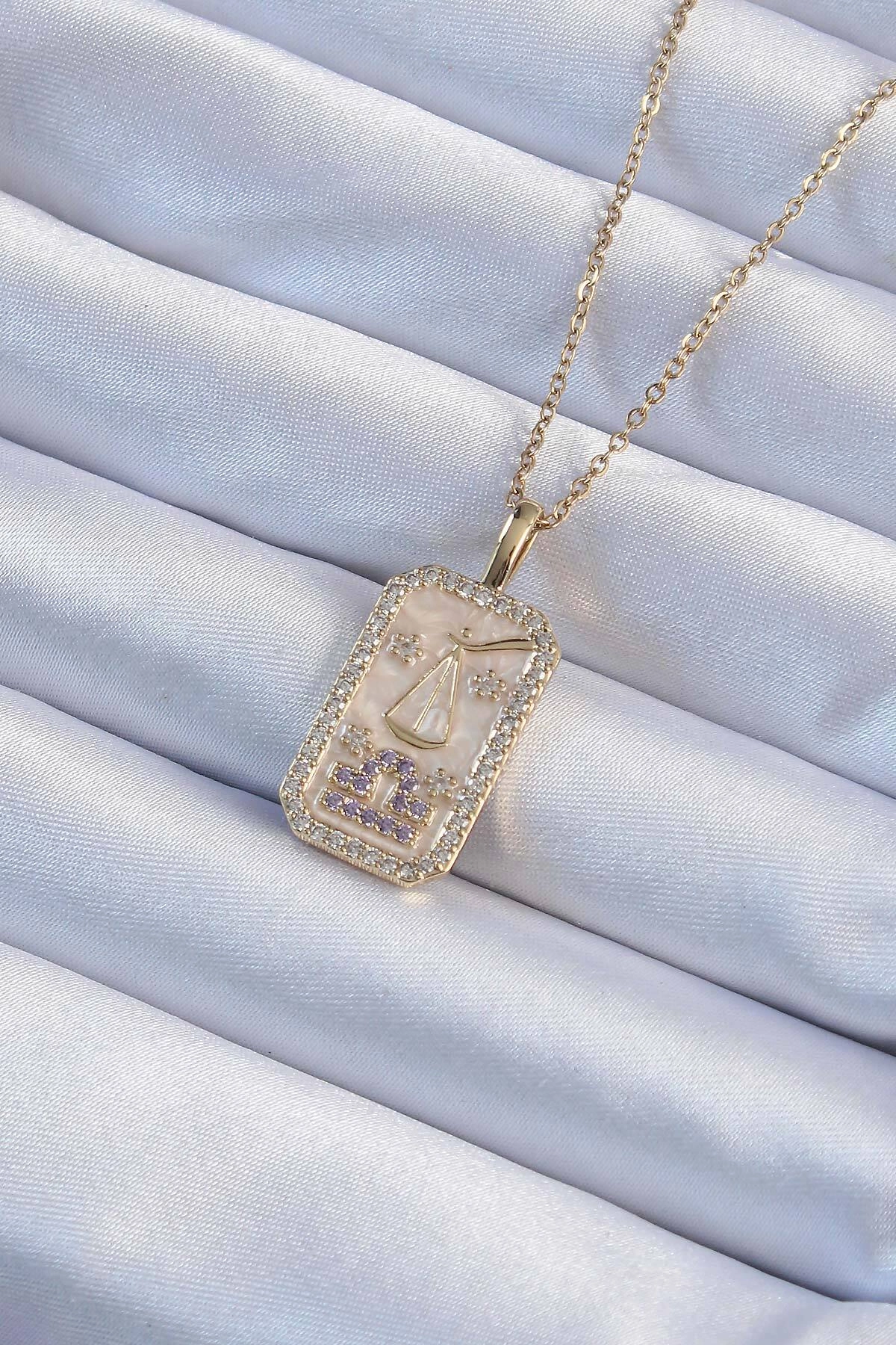 316L Çelik Zincir Altın Renk Lila Zirkon Taşlı Tarot Kolye-0