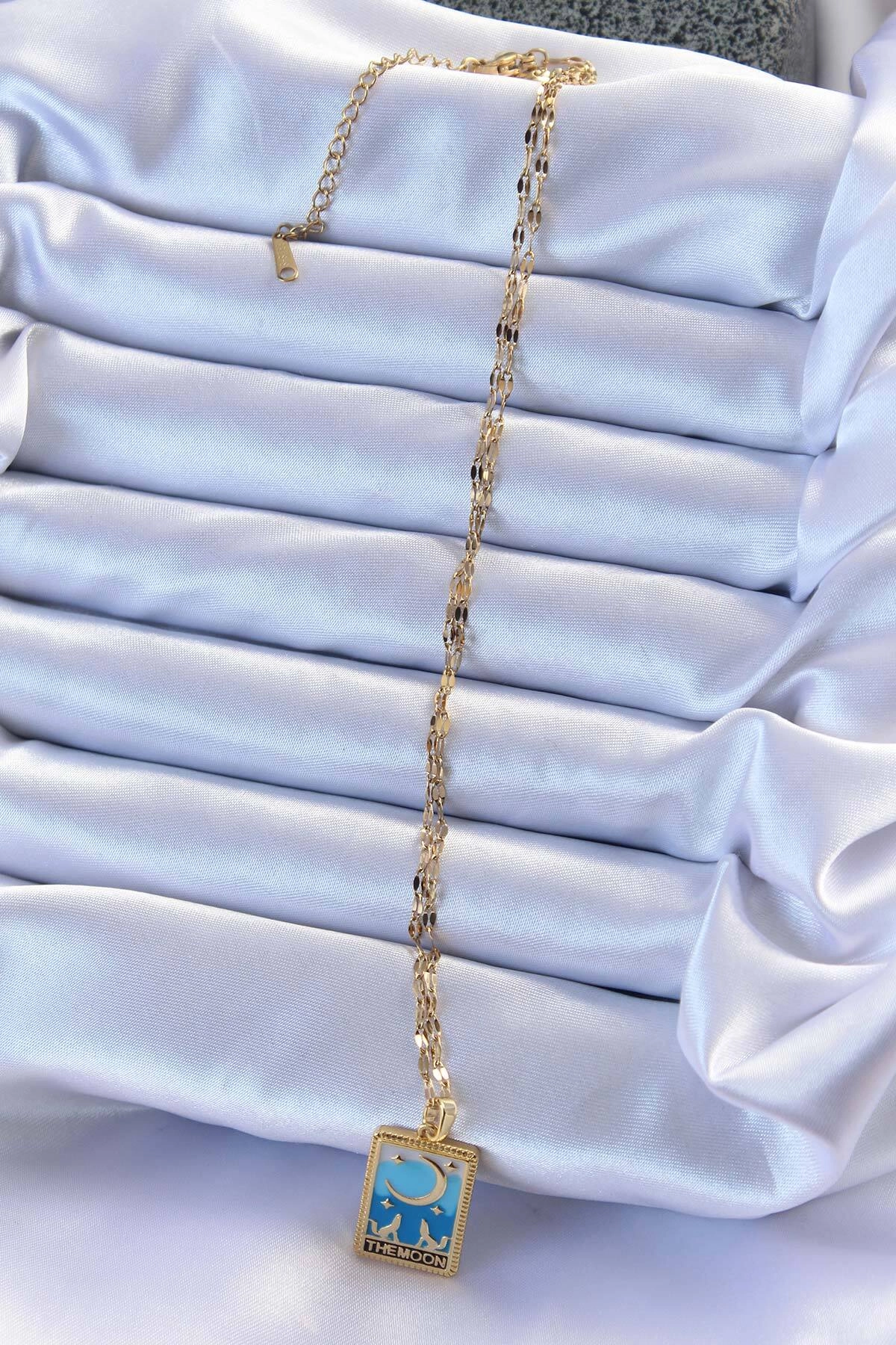 316L Çelik Zincir Altın Renk Mavi Mineli Ay Figür Tarot Kolye-1