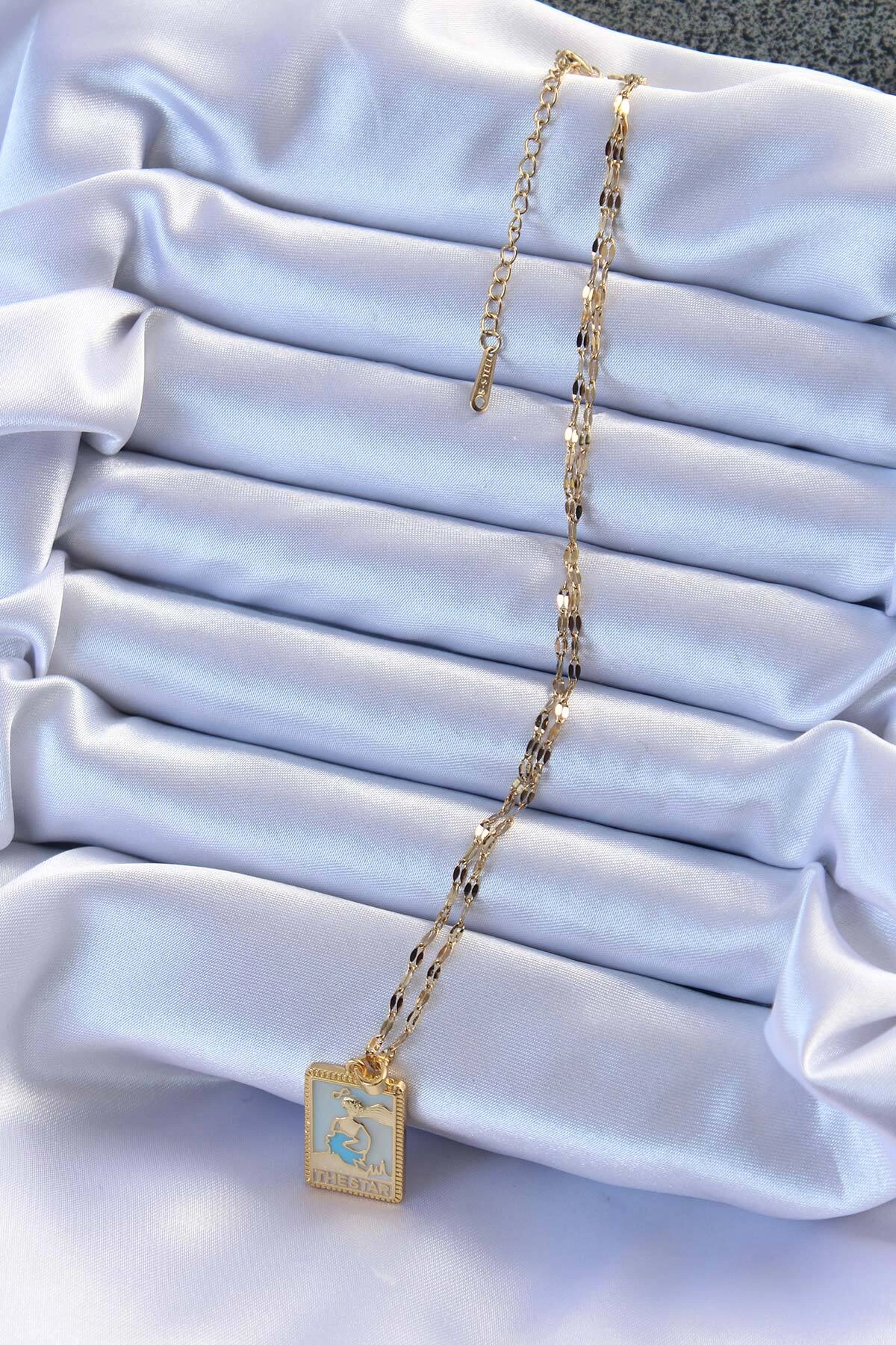 316L Çelik Zincir Altın Renk Mavi Mineli Tarot Kolye-1