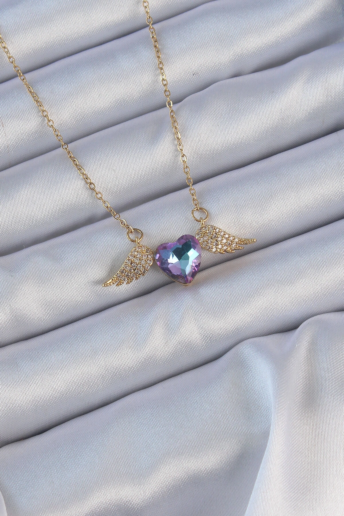 316L Çelik Zincir Altın Renk Mavi Mor Zirkon Taşlı Kanatlı Kalp Kolye-0