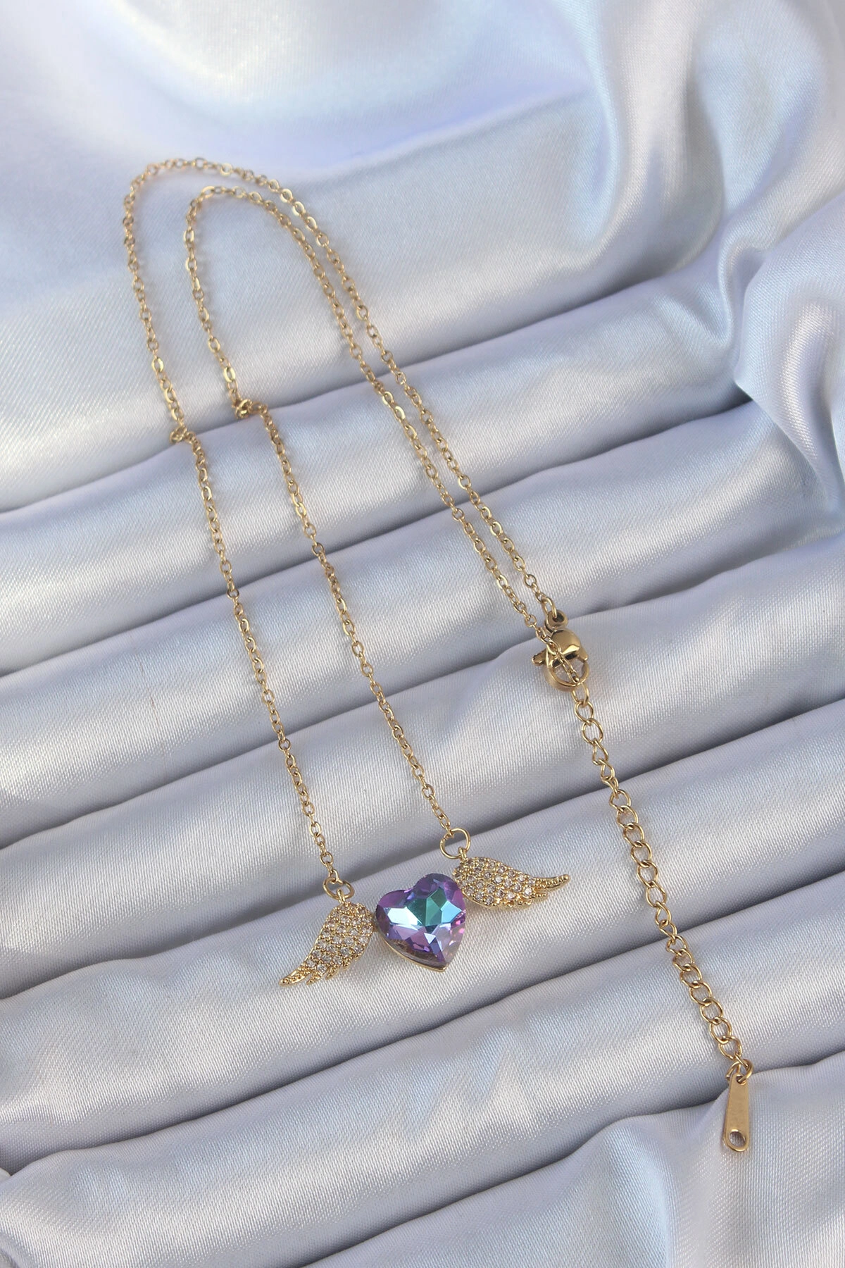 316L Çelik Zincir Altın Renk Mavi Mor Zirkon Taşlı Kanatlı Kalp Kolye-1