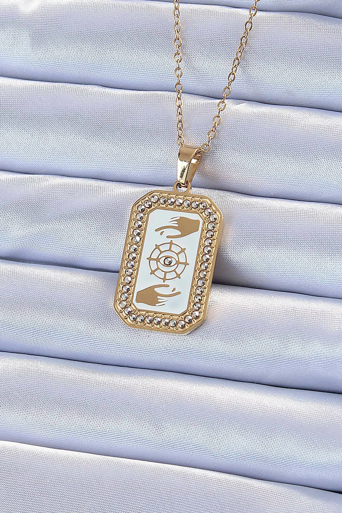 316L Çelik Zincir Altın Renk Mineli Zirkon Taşlı Göz Figür Tarot Kolye-0