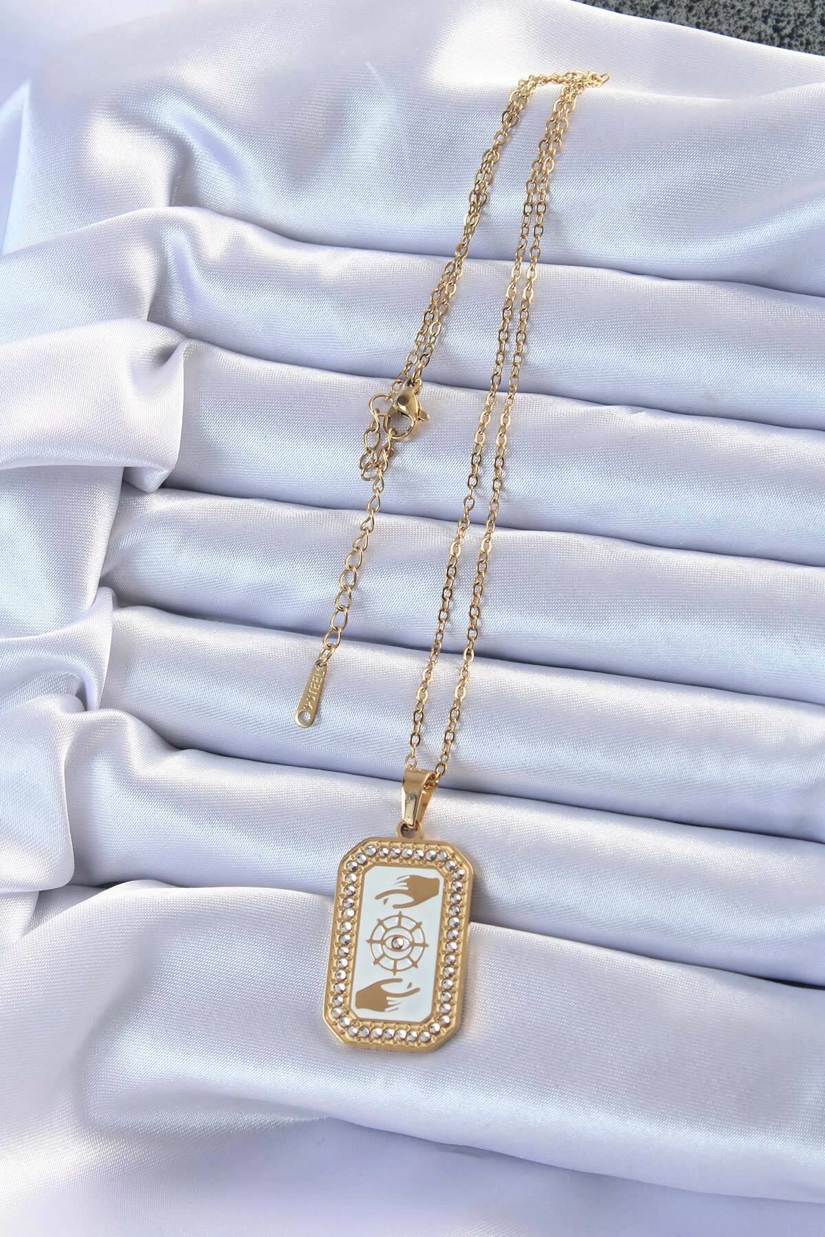 316L Çelik Zincir Altın Renk Mineli Zirkon Taşlı Göz Figür Tarot Kolye-1