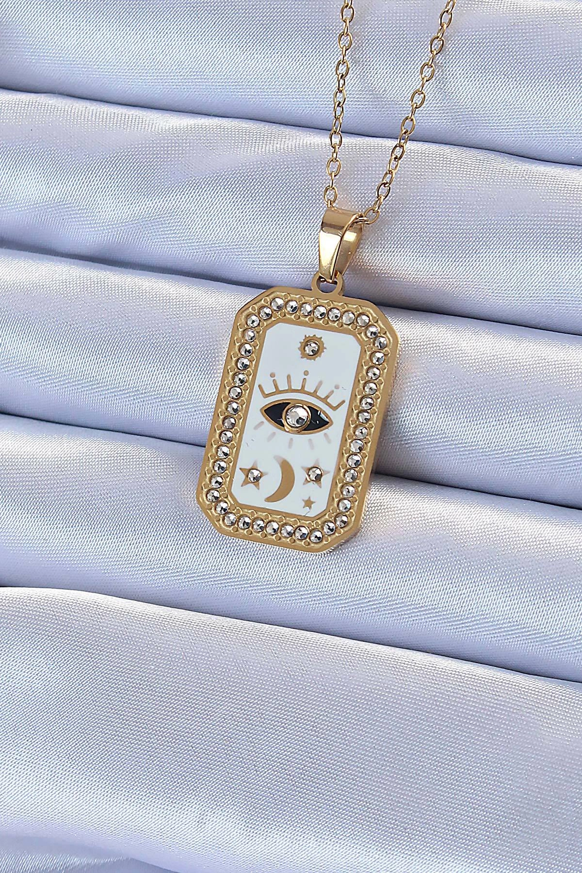 316L Çelik Zincir Altın Renk Mineli Zirkon Taşlı Göz Figür Tarot Kolye-0