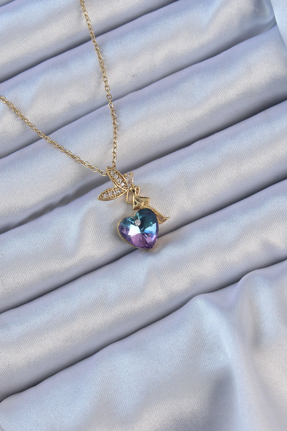 316L Çelik Zincir Altın Renk Mor Mavi Renk Zirkon Taşlı Kalp Detay Peri Kolye-0