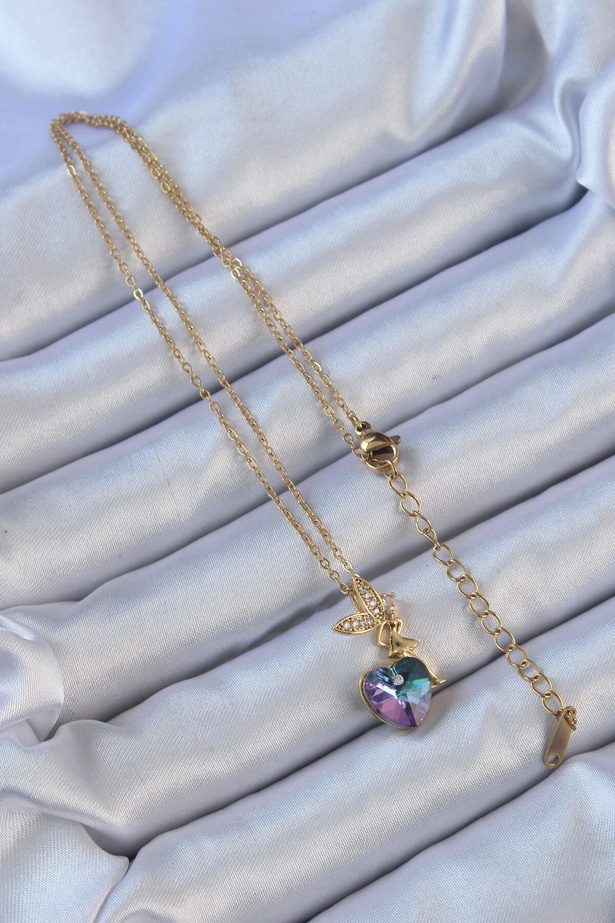 316L Çelik Zincir Altın Renk Mor Mavi Renk Zirkon Taşlı Kalp Detay Peri Kolye-1