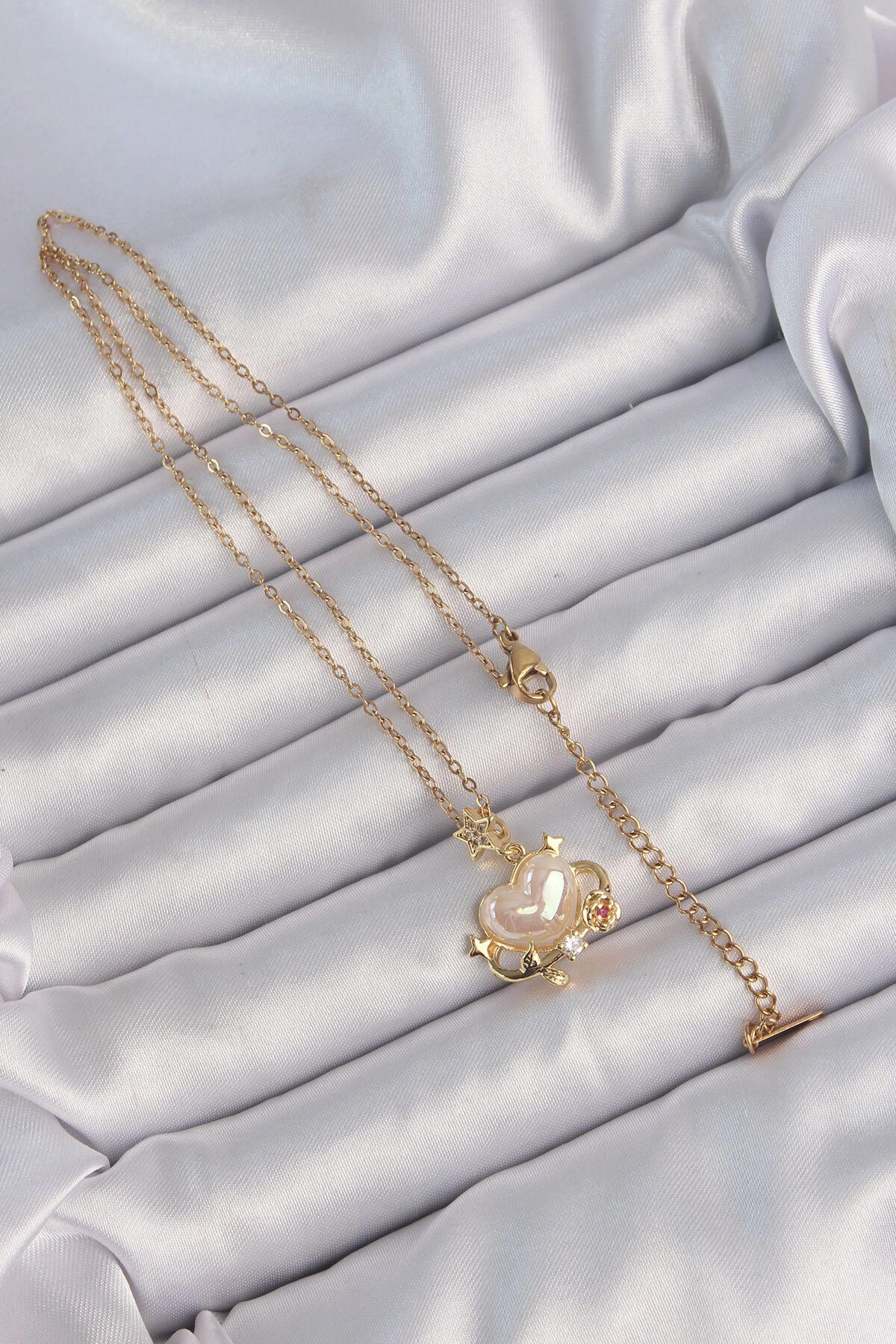 316L Çelik Zincir Altın Renk Sedefli Kalp Figür Zirkon Taşlı Gezegen Kolye-1