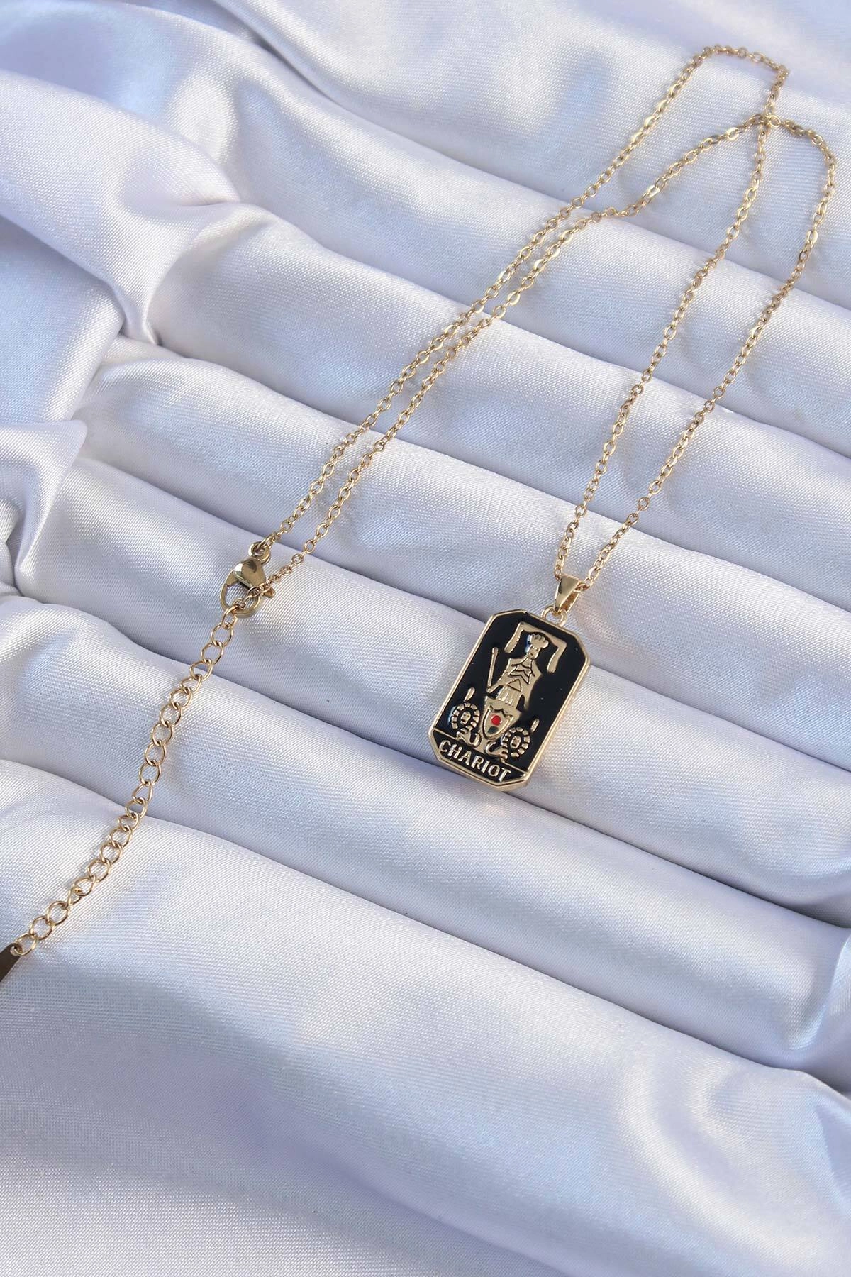 316L Çelik Zincir Altın Renk Siyah Mineli Tarot Kolye-1