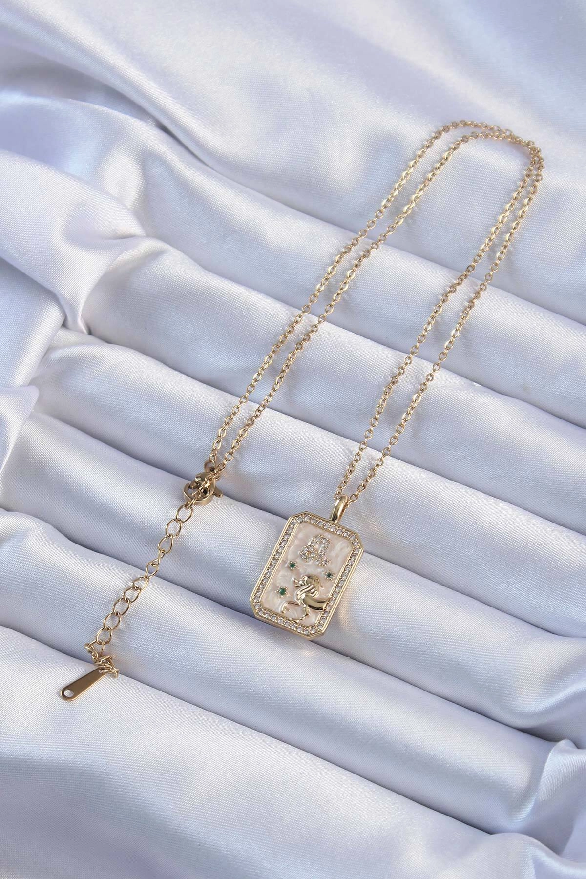 316L Çelik Zincir Altın Renk Zirkon Taşlı Aslan Figürlü Tarot Kolye-1